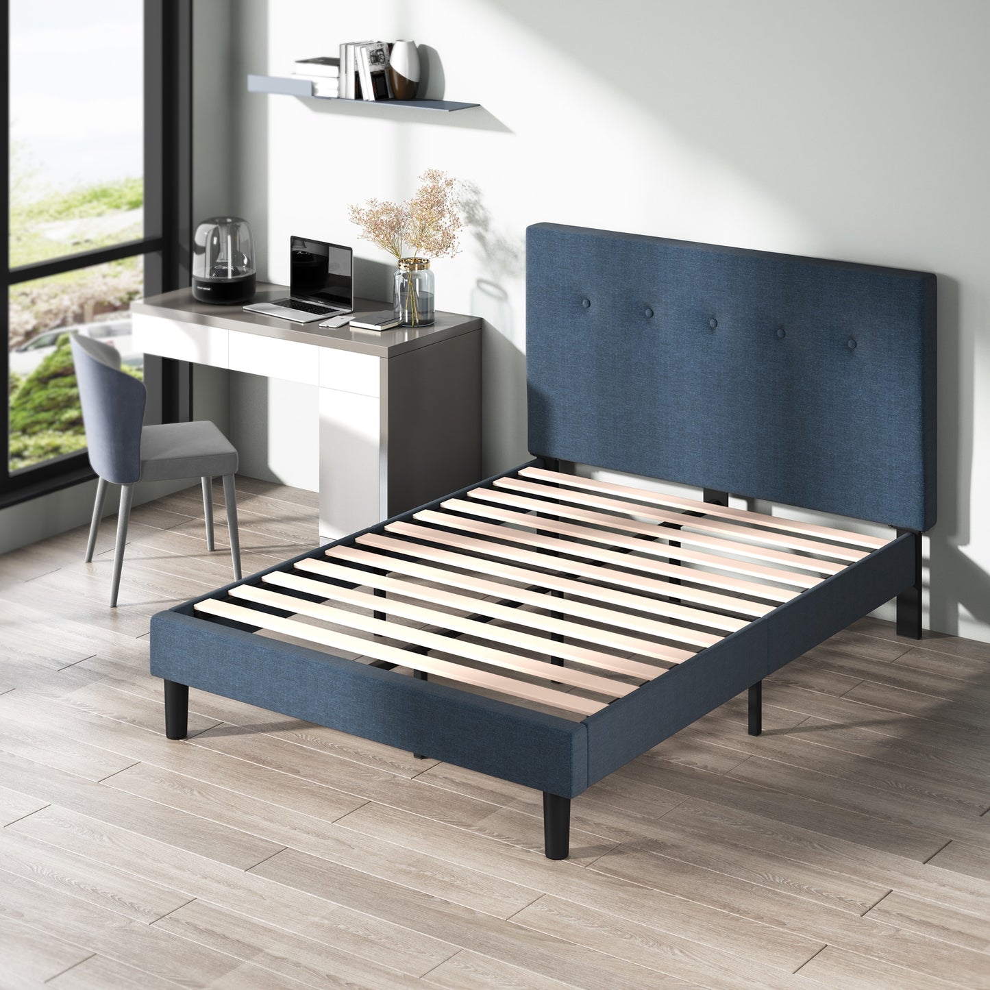 Zinus Navy King Upholstered Platform Bed