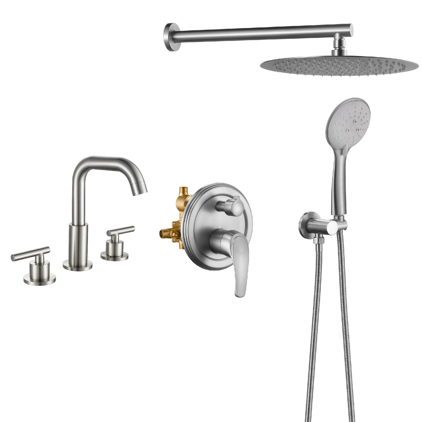 WELLFOR ZC Shower System with Bathroom Faucet kits Brushed Nickel 12-in Waterfall Dual Head Built-In Shower Faucet System with 2-way Diverter ( Pressure-balanced Valve Included )