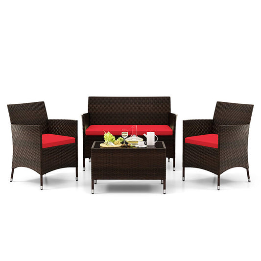 Sumyeg 4 Pieces Comfortable Mix Brown Outdoor Rattan Sofa Set with Glass Coffee Table 4 -Piece Rattan Patio Conversation Set with Red Cushions