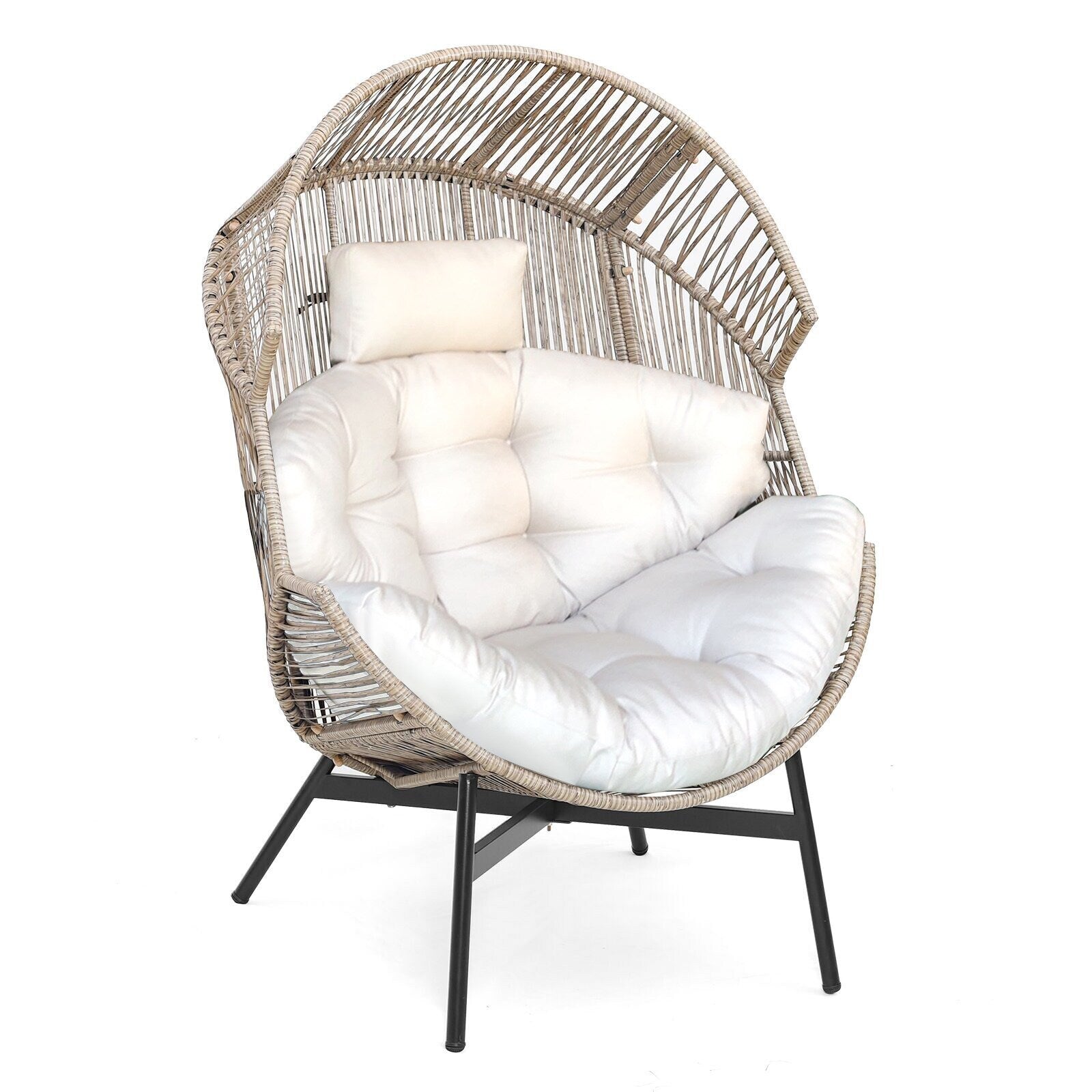 LIVIZA Rattan Light Brown Metal Frame Stationary Egg Chair with Off-white Cushioned Seat