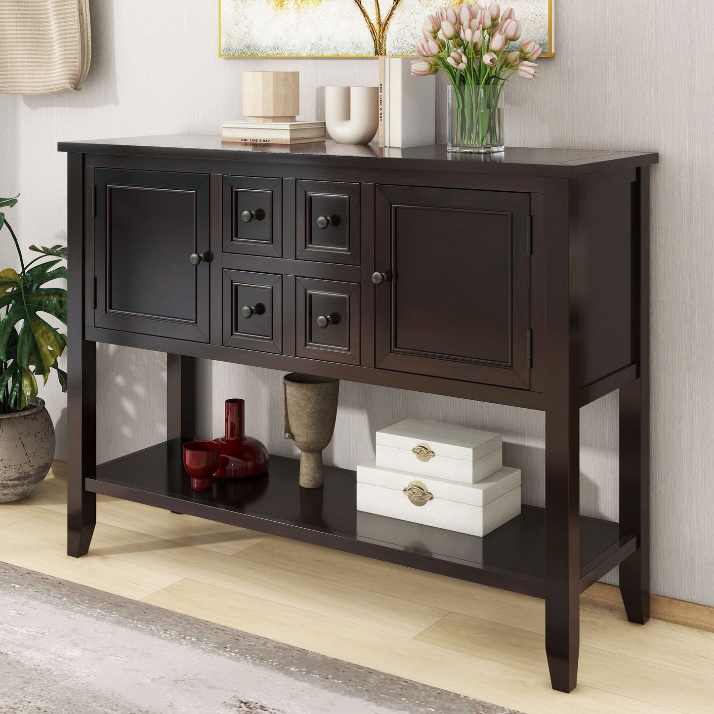 Yiekholo Wood Brown Pine 46-in W x 34-in H Console table with Drawers