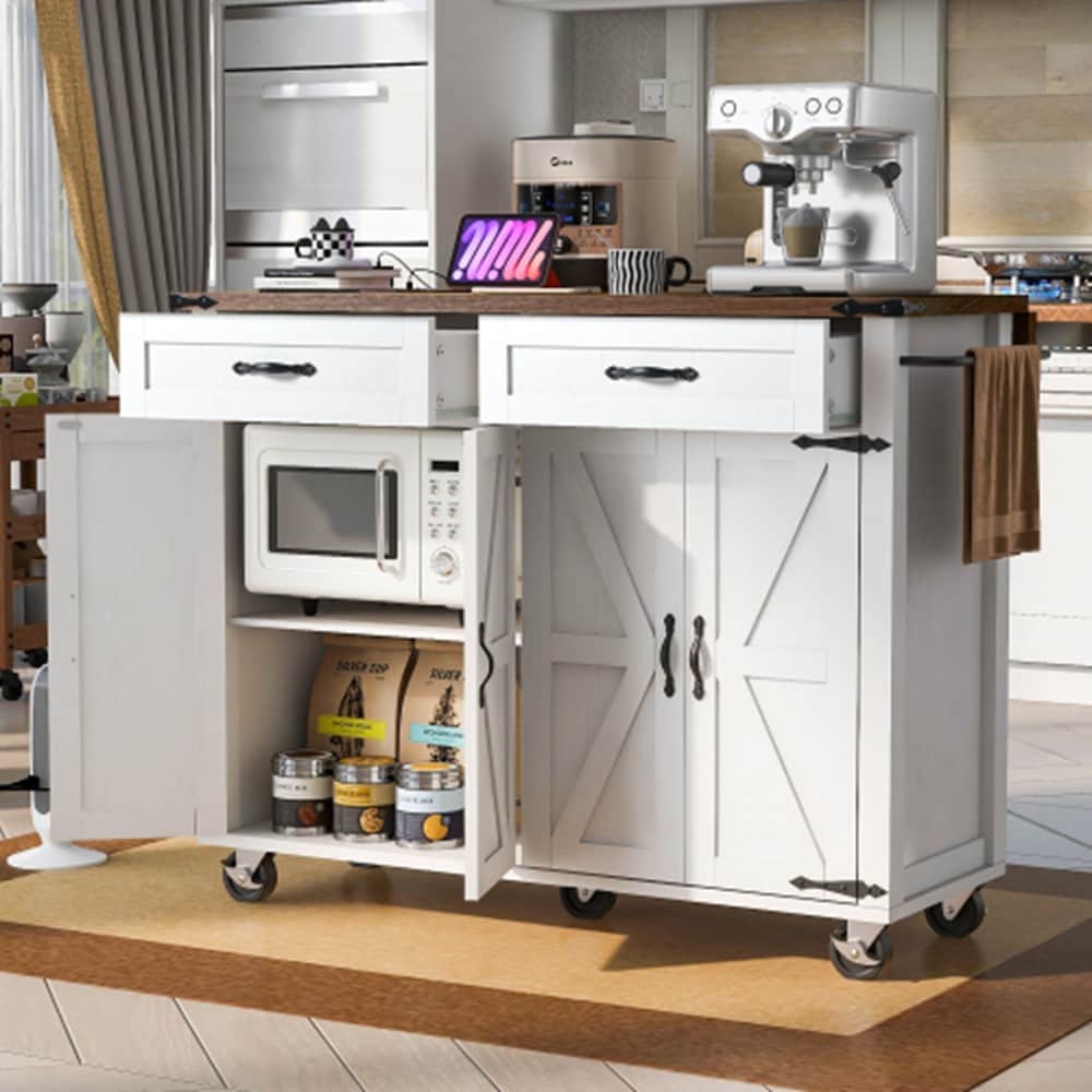 Runesay White MDF Base with MDF Wood Top Rolling Kitchen Island ( 28.75-in x 53.50-in x 36.5-in )