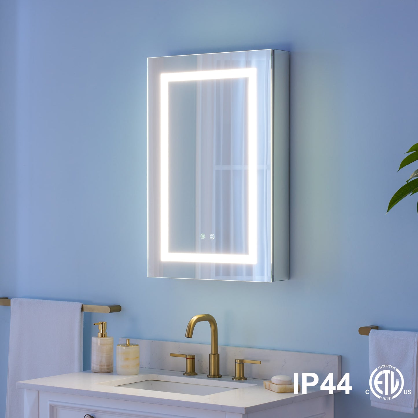 WELLFOR NIKA 20-in x 30-in Lighted LED Fog Free Surface/Recessed Mount Silver Mirrored Rectangle Soft Close Medicine Cabinet with Outlet