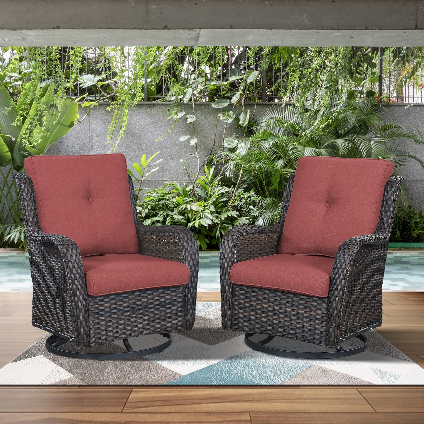 PACHAIRS-T Set of 2 Wicker Brown Steel Frame Swivel glider Conversation Chair with Red Cushioned Seat
