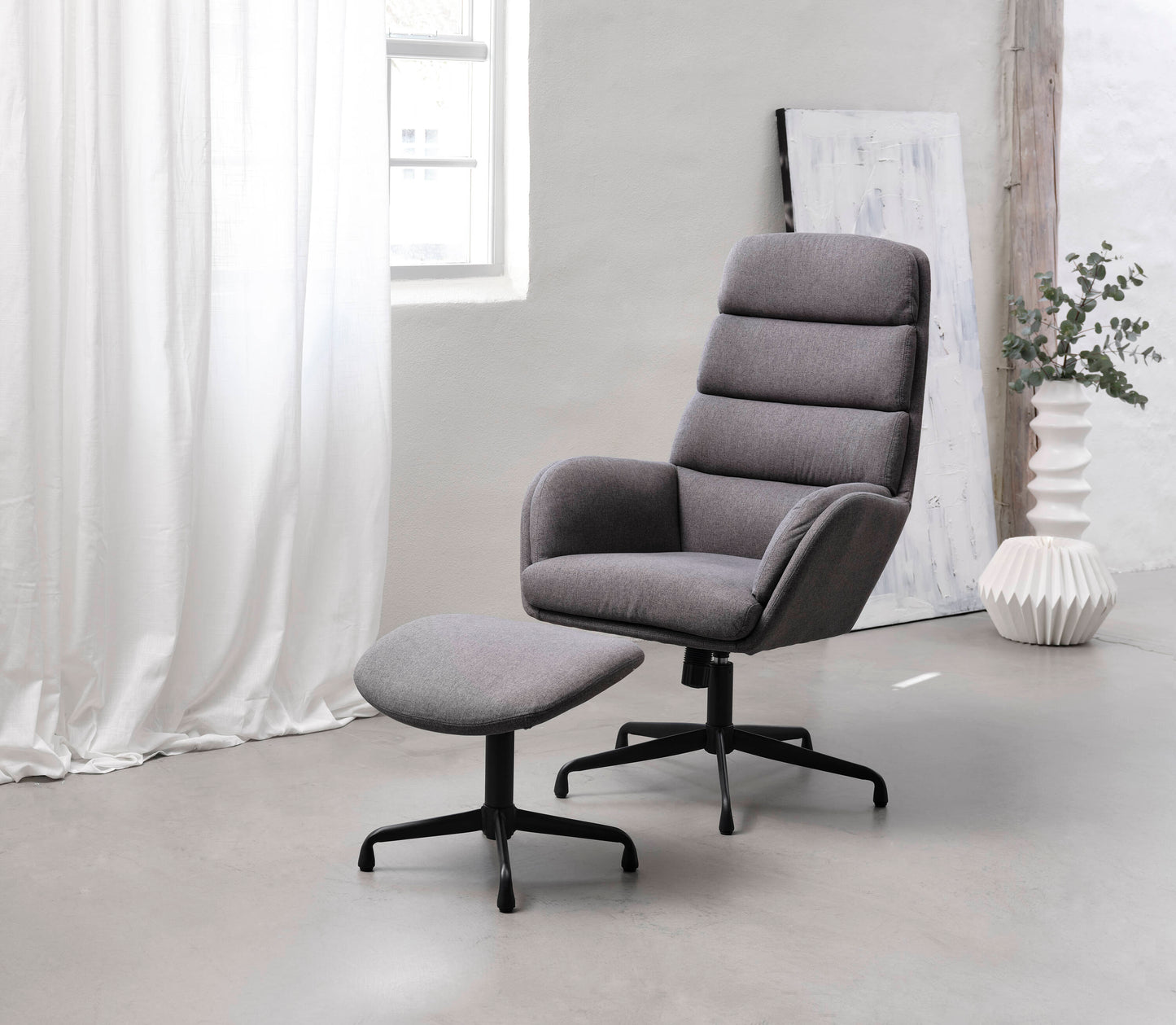 Grey Boucle Upholstered Swivel Recliner with Ottoman Set