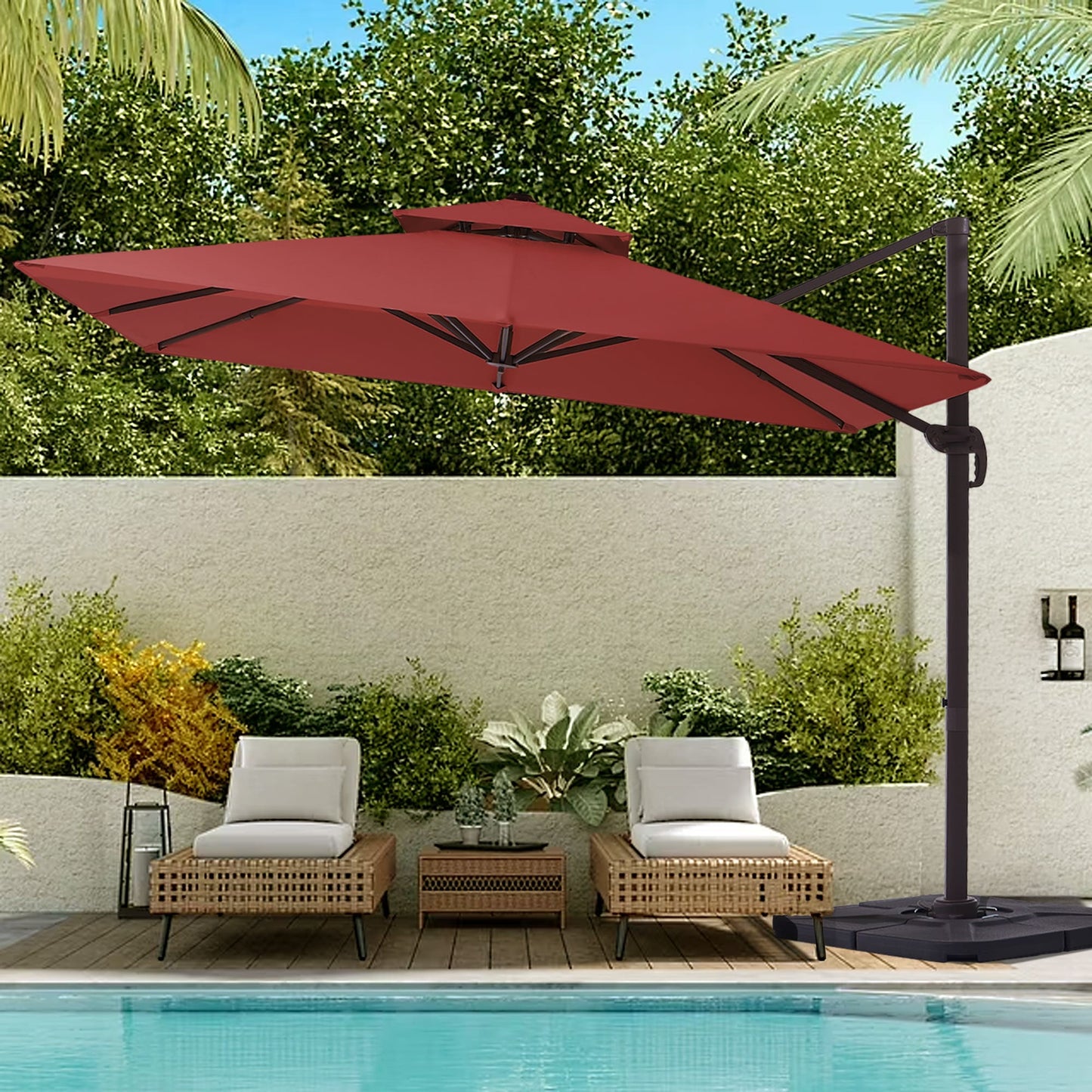 VOUA 11-ft Aluminum Red Crank Cantilever Patio Umbrella with Base
