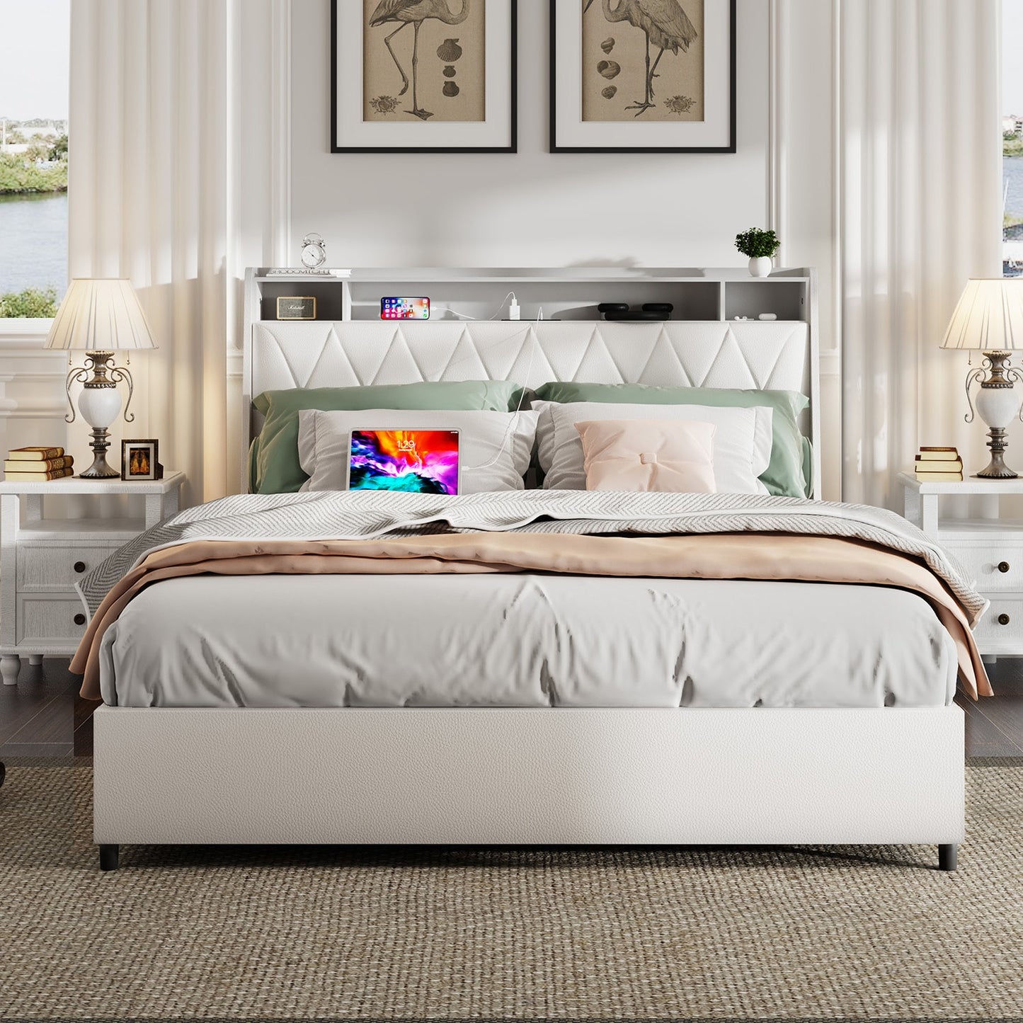 GZMR Queen White Storage Bed Frame with Headboard