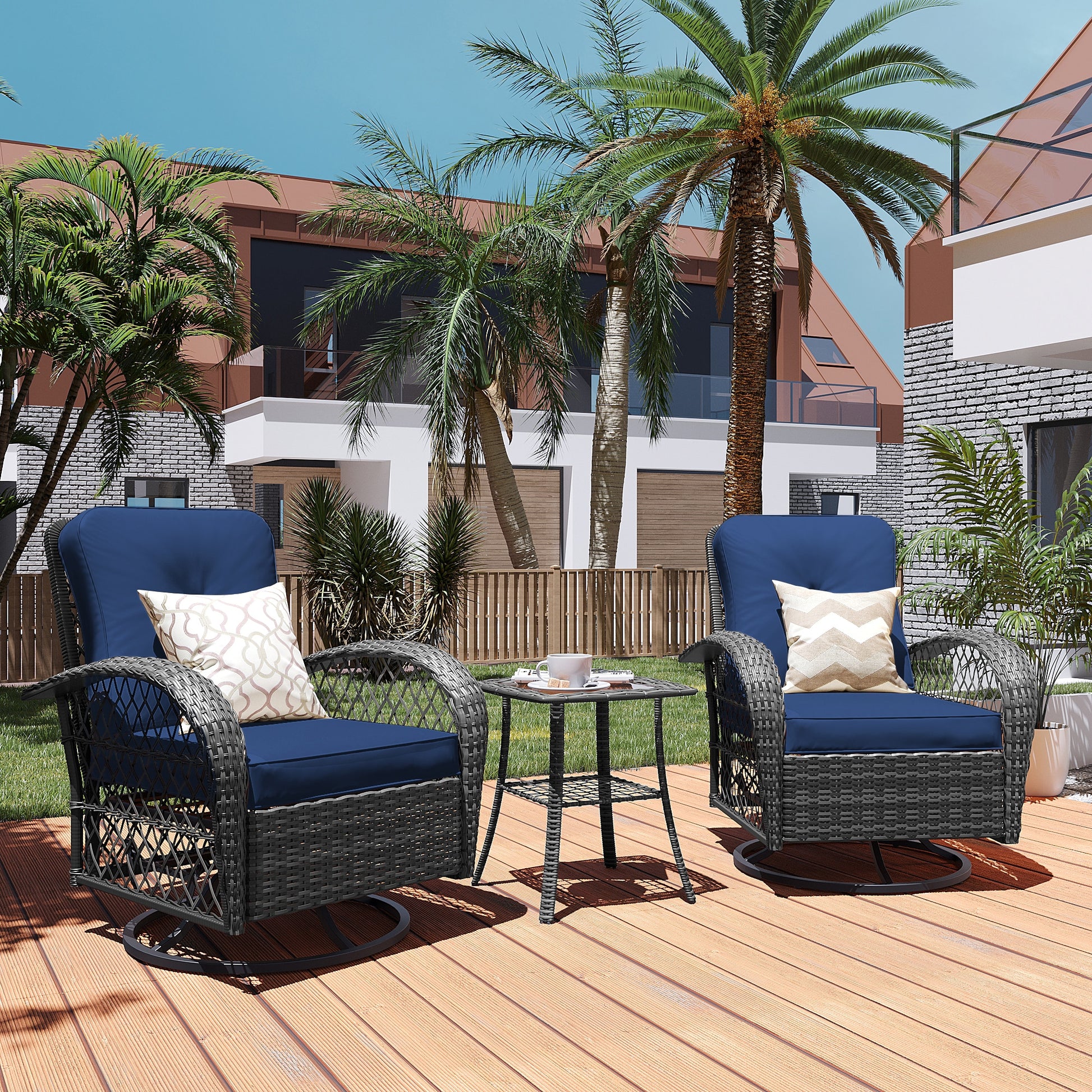 Patio Watcher Rocking Chair 3 -Piece Rattan Patio Conversation Set with Blue Cushions