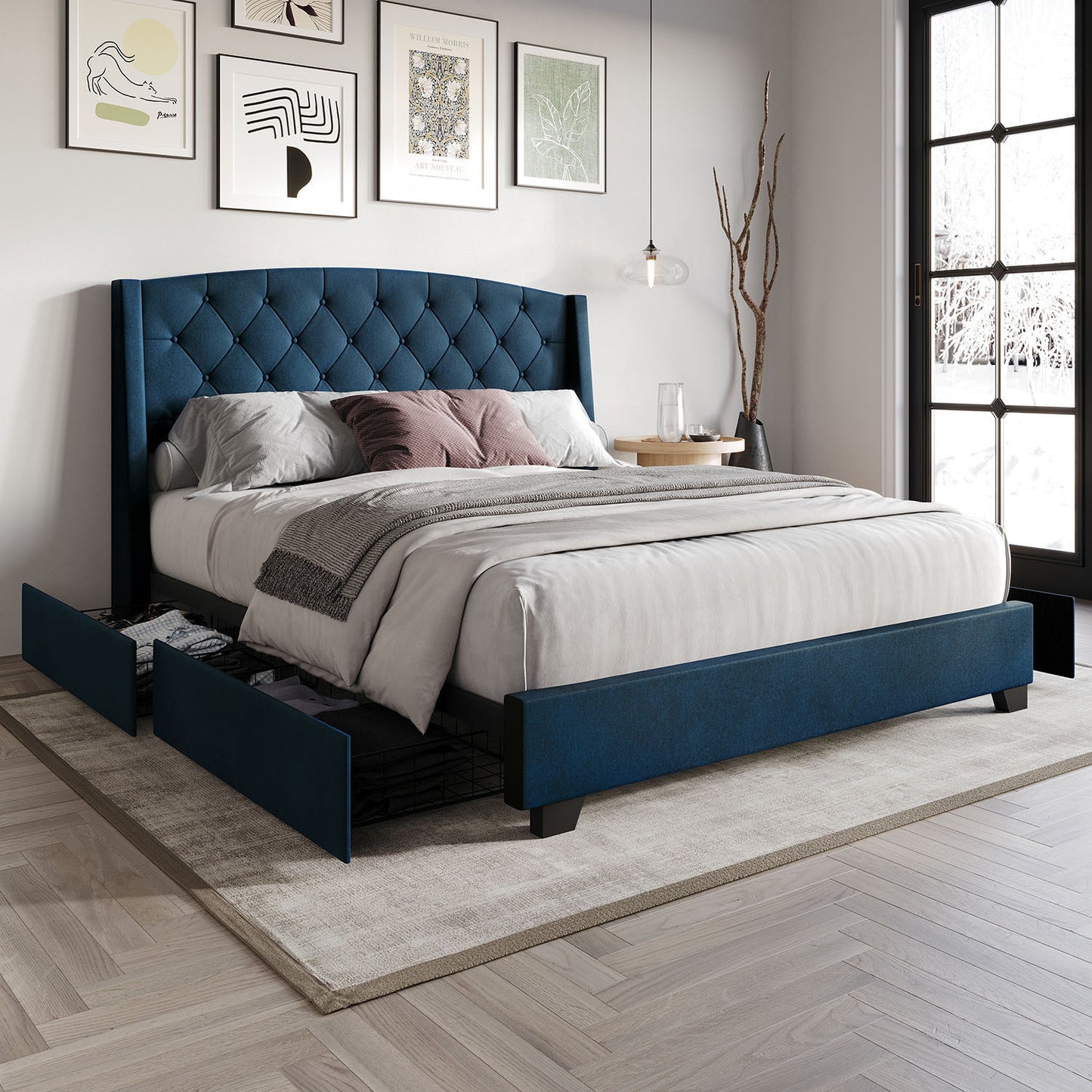 ChaletPosh Queen Navy Blue Wood Storage Platform Bed with Headboard
