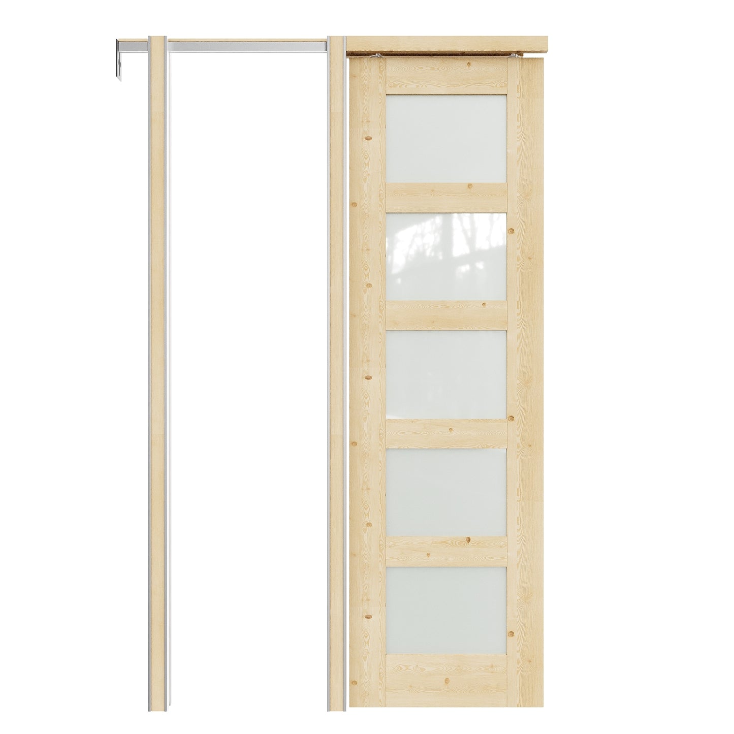 JUJUBON 24-in x 80-in Wood Pocket Door Frame with 5-Lite Frosted Glass Unfinished Solid Core Pine Wood Pocket Door and Hardware Soft Close Included