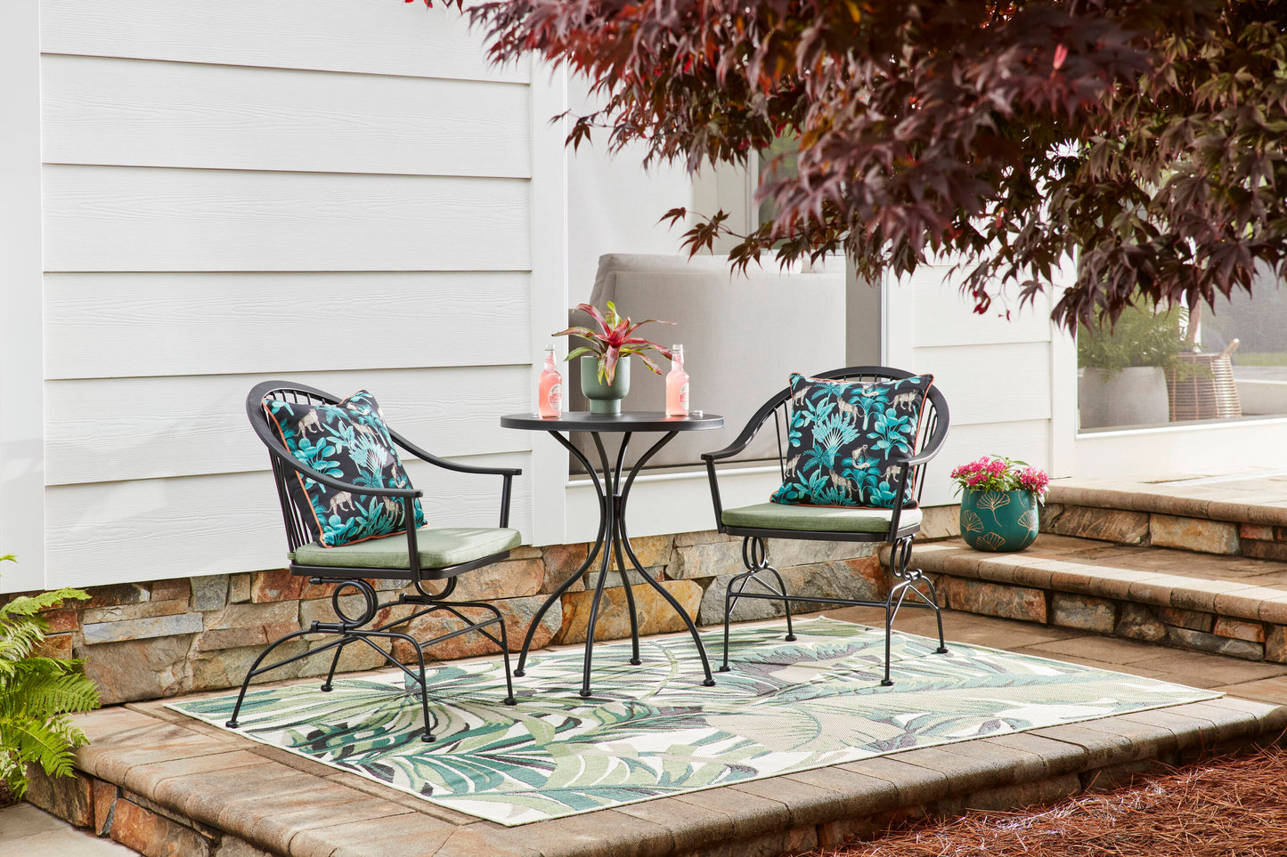 Style Selections Billings 3 -Piece Black Bistro Patio Dining Set Steel Round Table with 2 Green Cushions Spring Motion Chairs