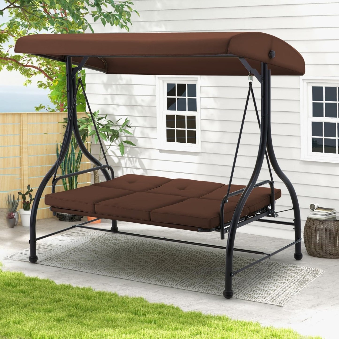 AECOJOY Swing bed 3 -person Brown Steel Outdoor Swing bed
