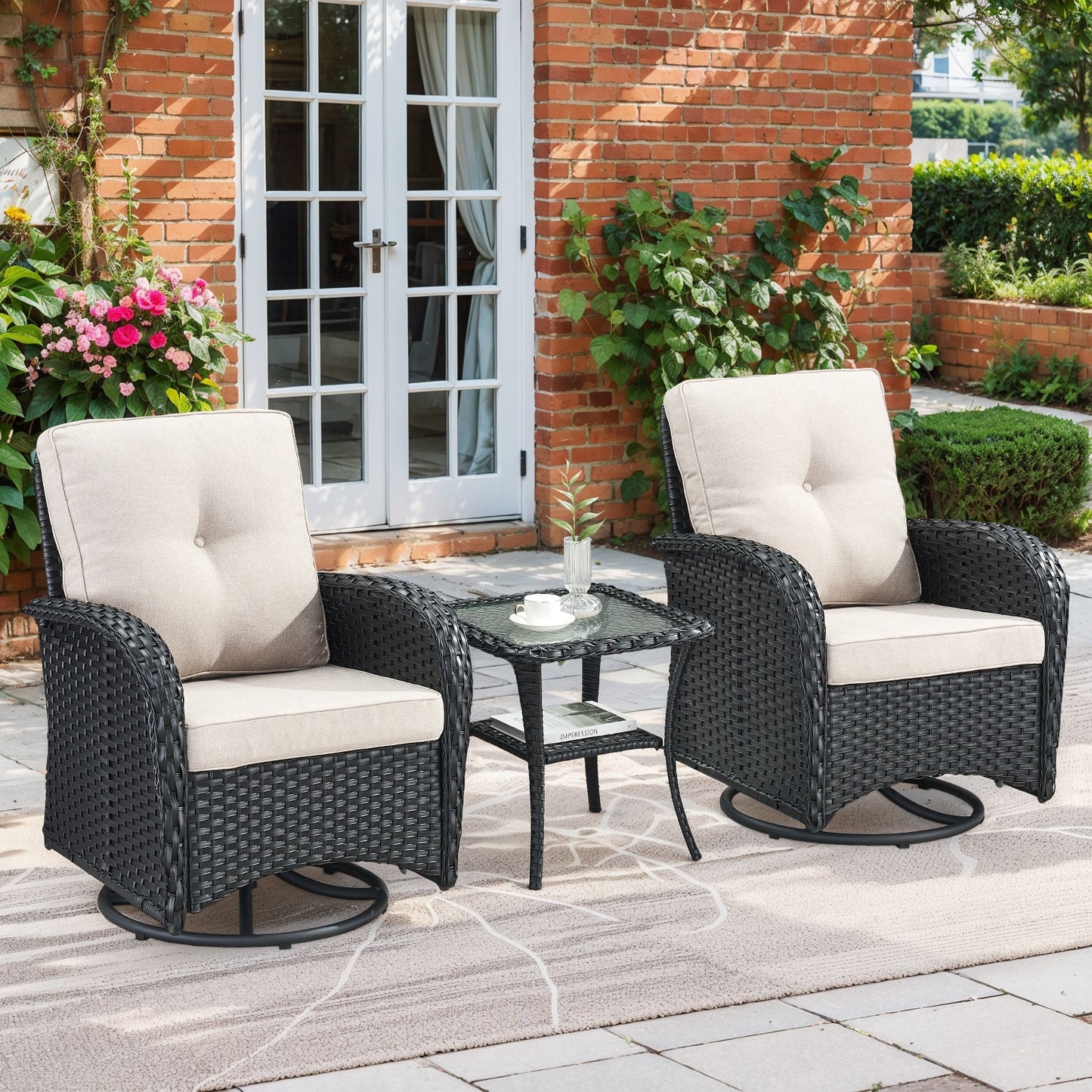 PAnorama Series 3 -Piece Wicker Patio Conversation Set with Beige Cushions