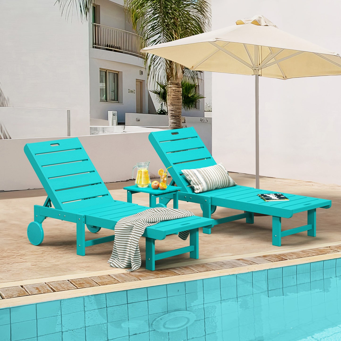 Yurevna Chaise lounge Set of 2 Aruba Blue HDPE Frame Stationary Chaise Lounge Chair with Slat Seat