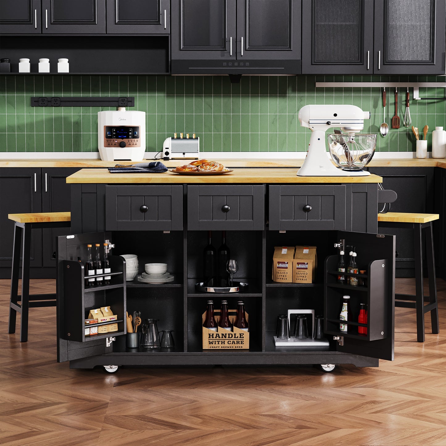 ModernLuxe Black MDF Base with Wood Wood Top Rolling Kitchen Island ( 29.52-in x 53.14-in x 36.4-in )