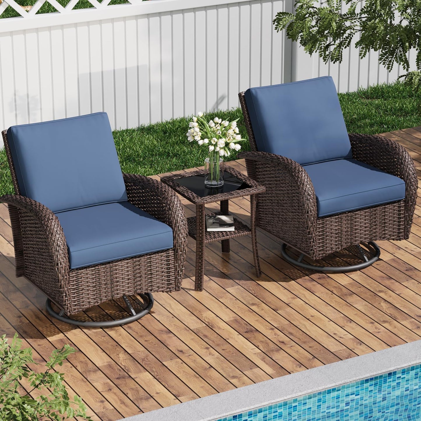 AOXUN Patio Conversation Sets 3 -Piece Wicker Patio Conversation Set with Gray Cushions