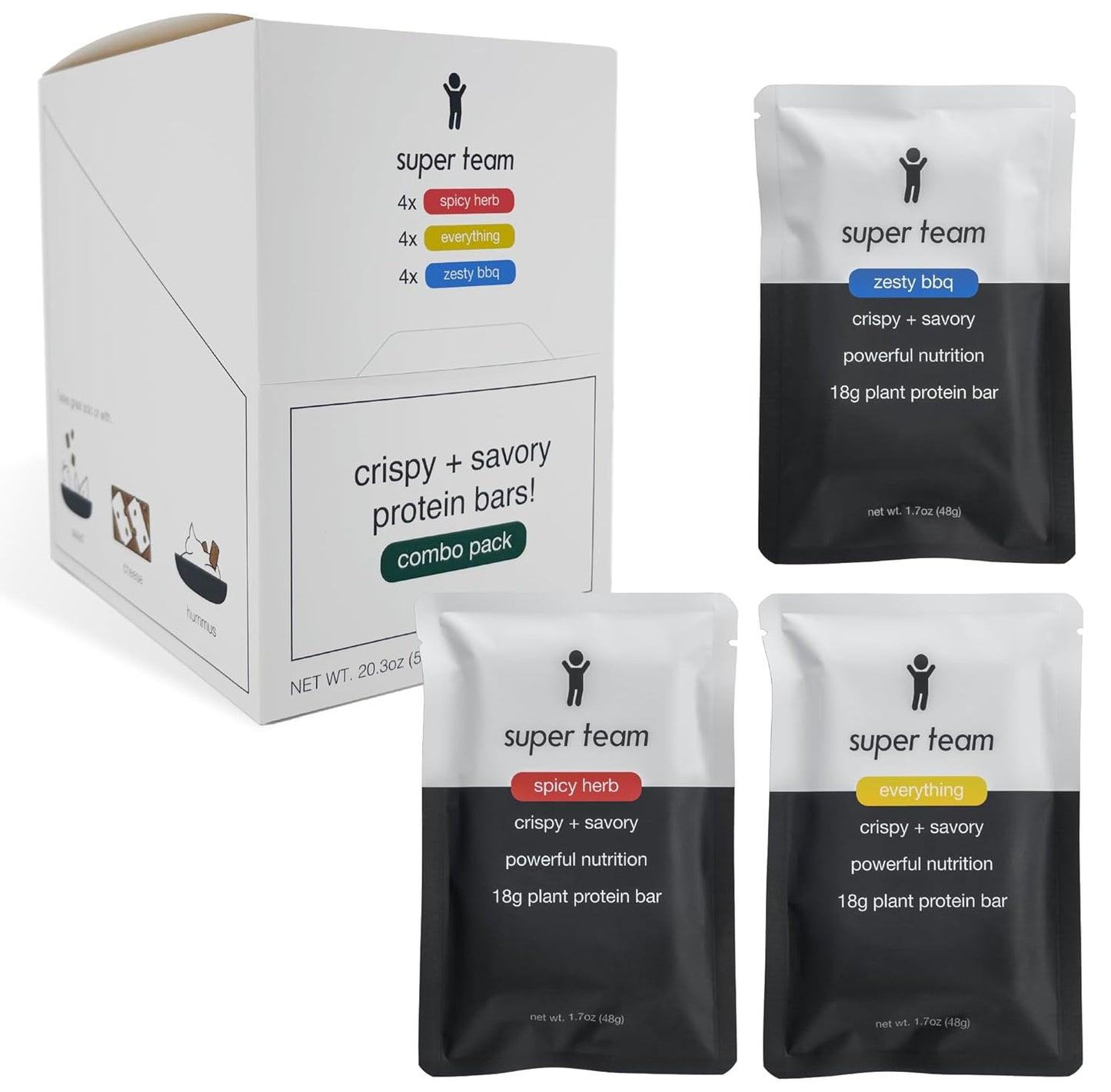 Super Team Savory + Crispy Protein Bars - Combo Pack - 12-Count Snack Bars - High Protein (18g), High Fiber (7g), Low Sugar (1g) - Gluten Free, Nut Free, Soy Free, Vegan Plant Based Meal Replacement