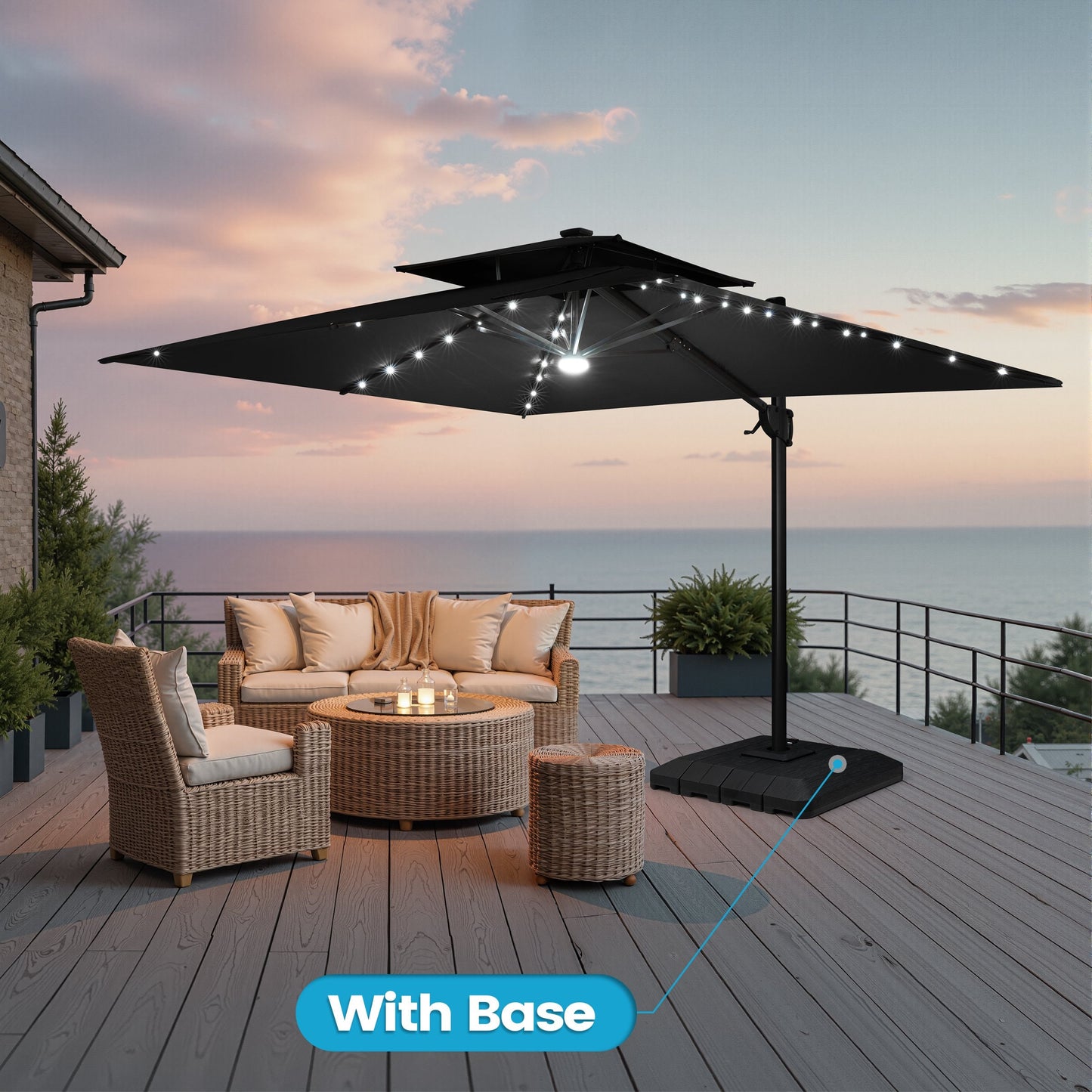 Crestlive Products 11-ft Aluminum Black Crank Cantilever Patio Umbrella with Lights with Base