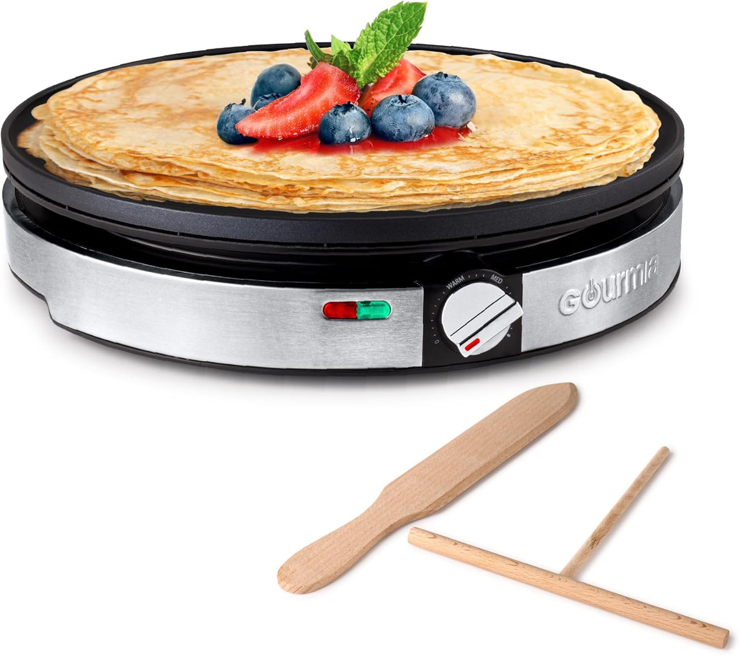 Gourmia 12” Crepe Maker – Nonstick Electric Griddle for Pancakes, Omelets & More, Precise Temp Control with Indicator Lights, Includes Spatula & Batter Spreader, Quick Cleanup, Stainless Steel Trim