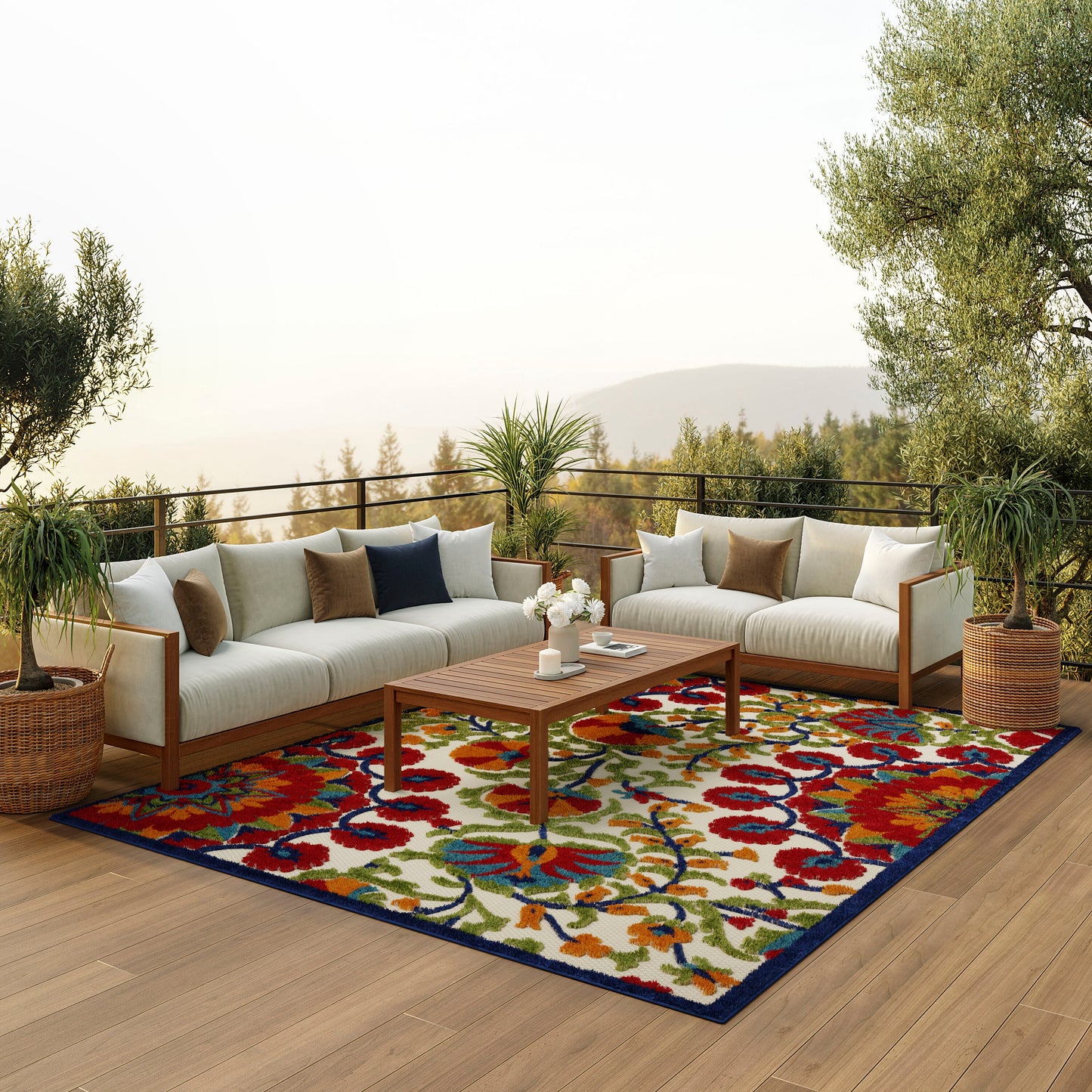 Nourison Home 9 x 12 (ft) Loomed Red/Multi Rectangular Indoor/Outdoor Floral/Botanical Tropical Area rug