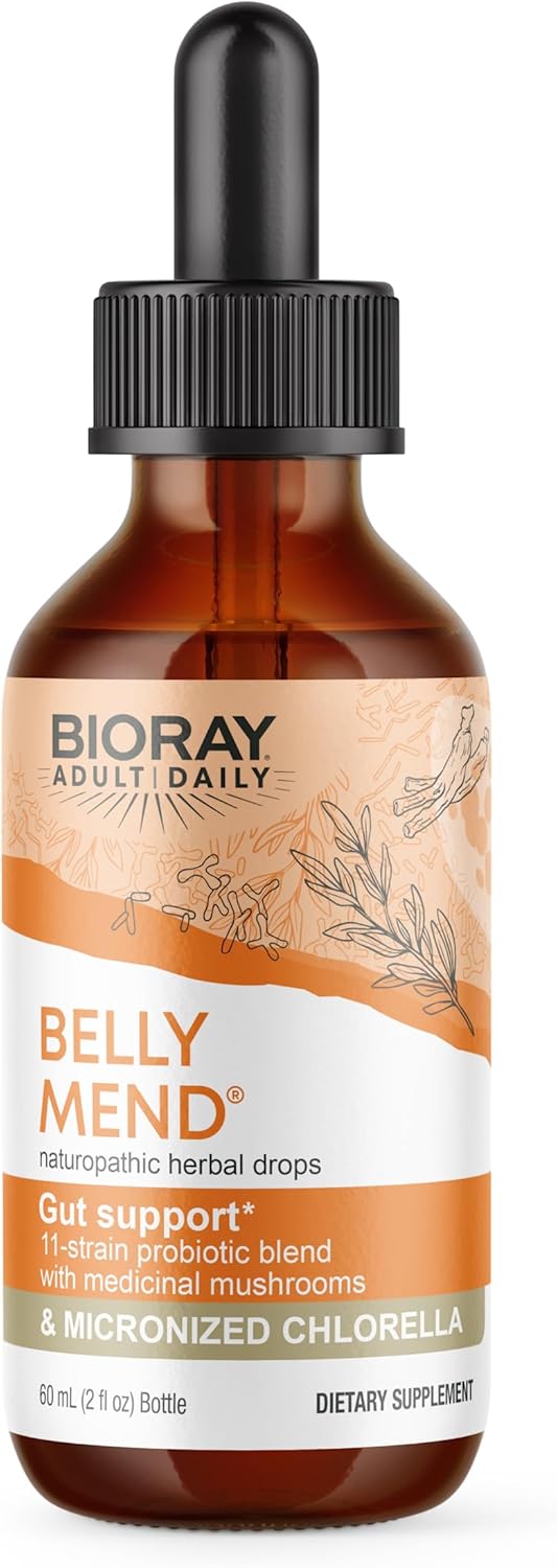BIORAY Daily Belly Mend - 2 fl oz - 11-Strain Probiotic Blend with Medicinal Mushrooms - Supports Healthy Gut & Bowel Functions - Non-GMO, Vegetarian, Gluten Free