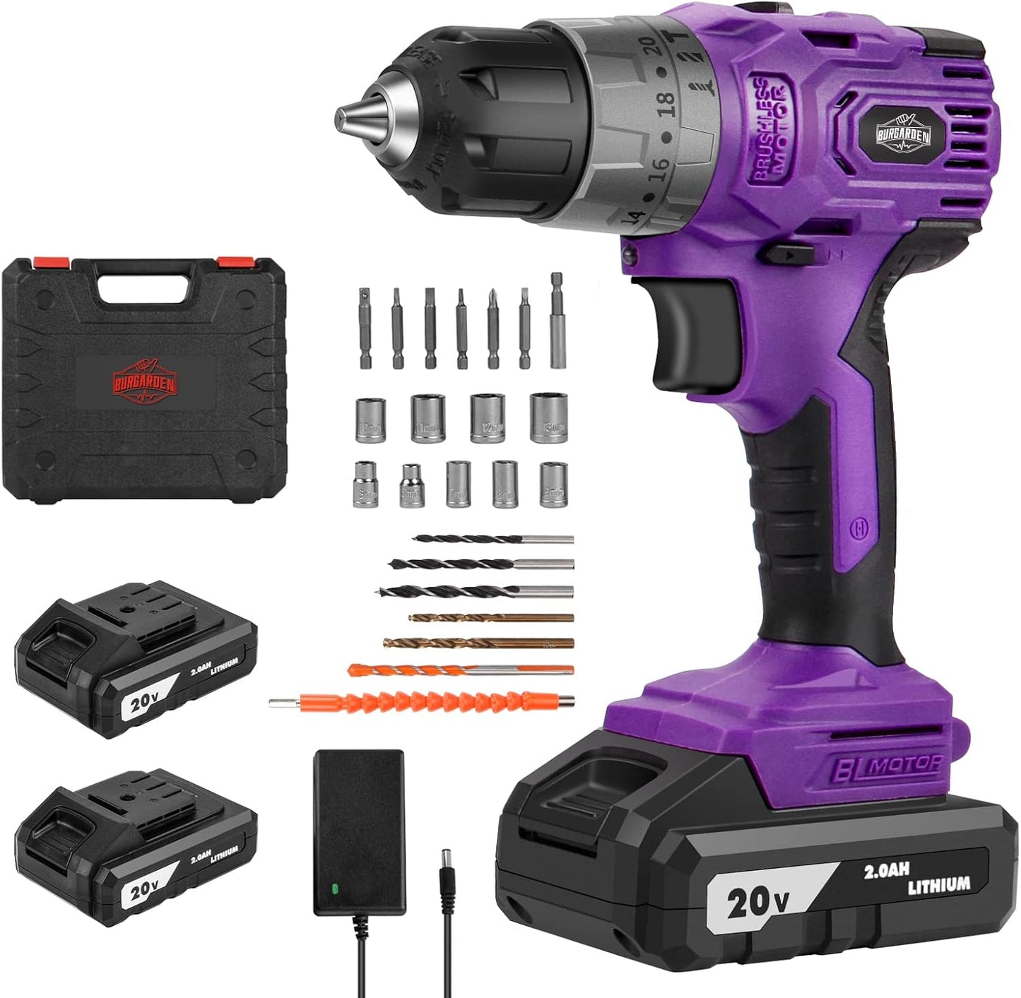 Brushless Cordless Drill Set, 20V Compact Power Driver, Purple Electric Motor, 20+3 Torque Setting, 48 N.m, 2 Variable Speed, 23pcs Driver Bits, With Tool Box