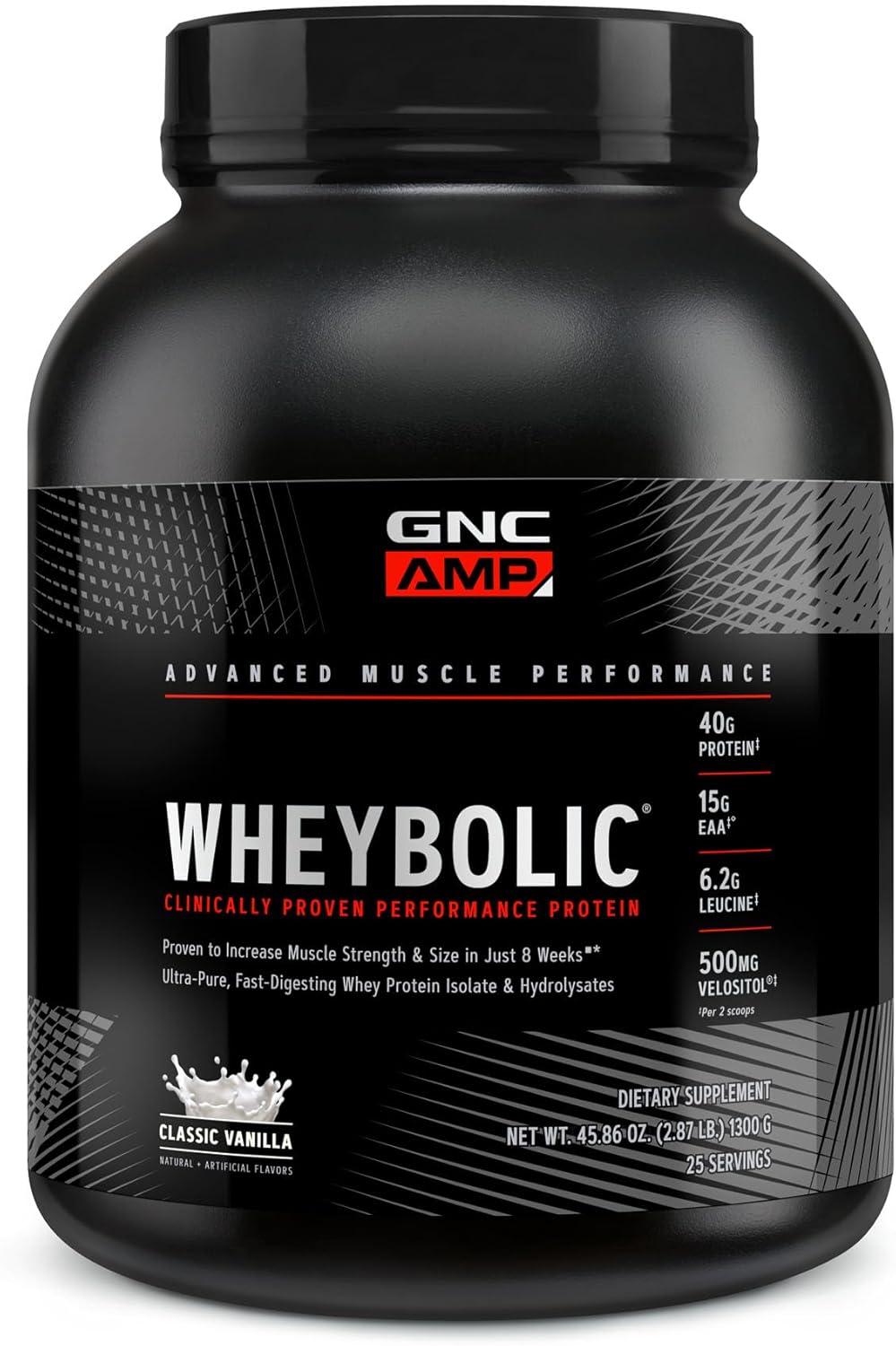 GNC AMP Wheybolic Clinically Proven Protein Powder, 40g Whey Protein, BCAA, Leucine, Increases Muscle Strength, Muscle Building, 3rd Party Tested, Gluten Free, Classic Vanilla, 25 Servings
