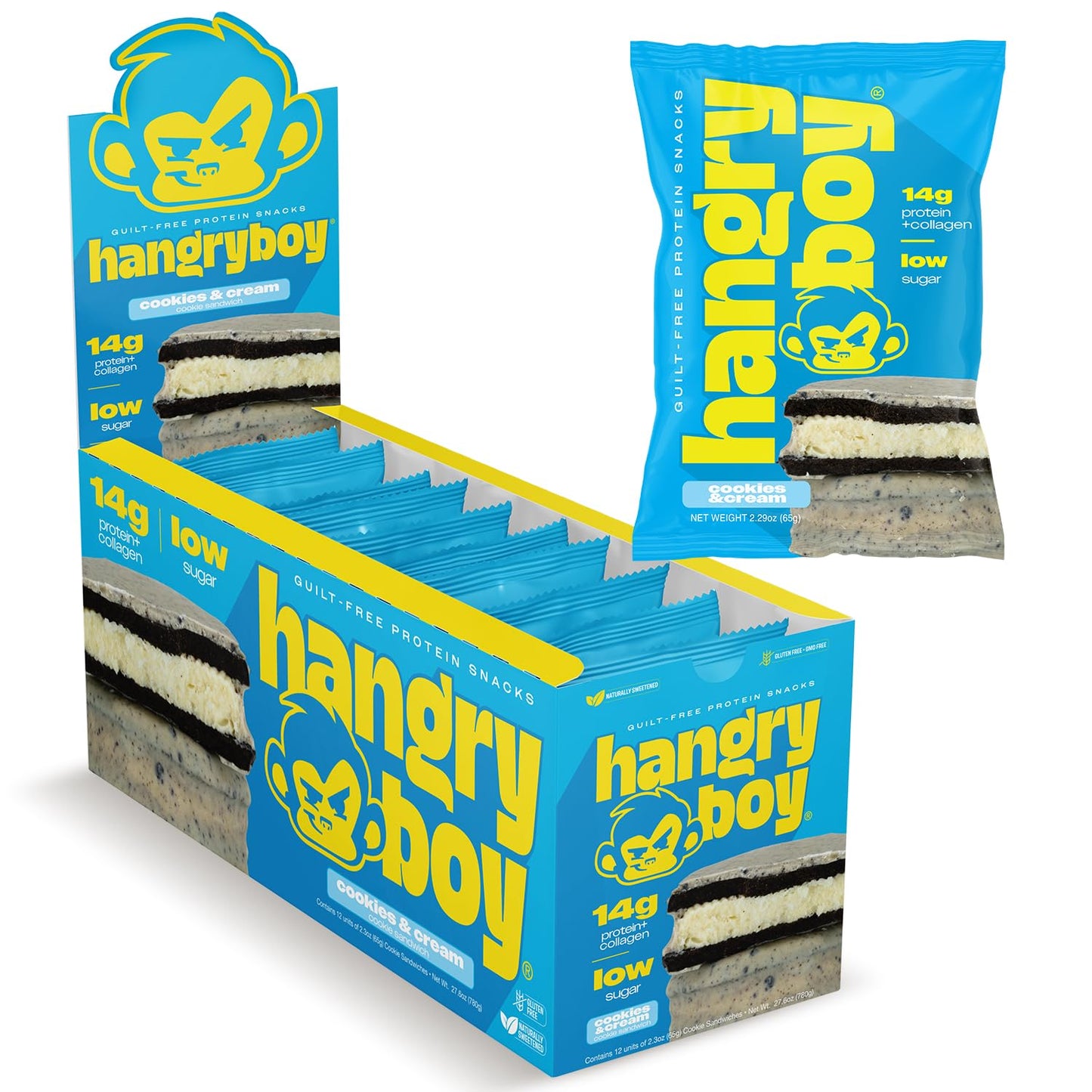 Hangryboy Protein Cookie Sandwich \u2013 14g High Protein, Gluten\u2011Free, GMO\u2011Free Cookies - Perfect on The Go Protein Snack, Cookies and Cream, 12\u2011Count Box