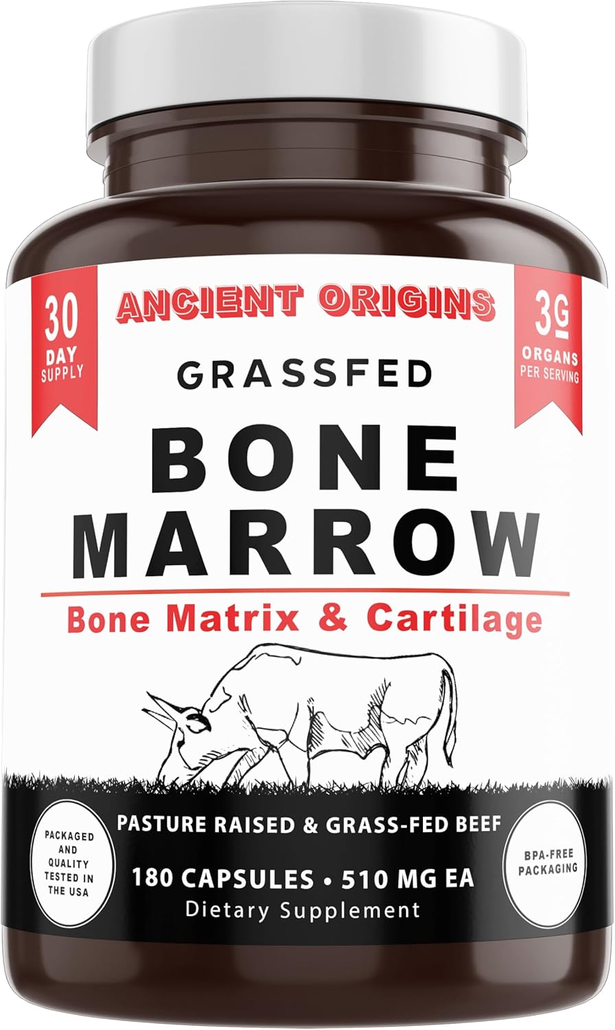 Grass Fed Bone Marrow Supplement, 3060mg, Skin, Oral Health, and Joint Support Supplement, Promotes Whole-Body Wellness, Non GMO Whole Bone Extract, 180 Capsules