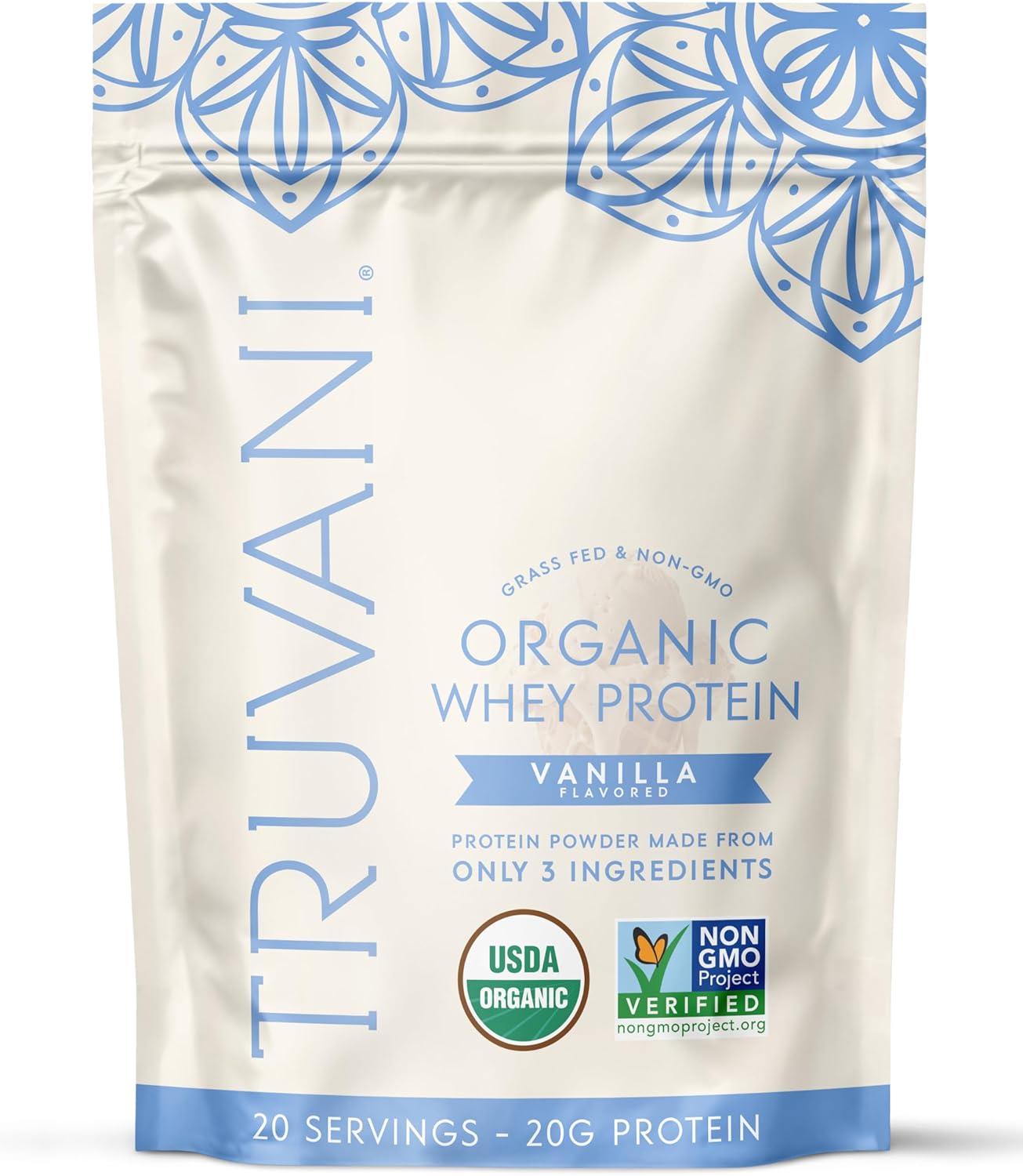 Truvani Organic Whey Protein Powder | Vanilla | 20g Grass Fed Whey Protein | 20 Servings | USDA Organic & Non-GMO | Gluten Free | No Gums, No Soy, No Stevia, No Added Sugars
