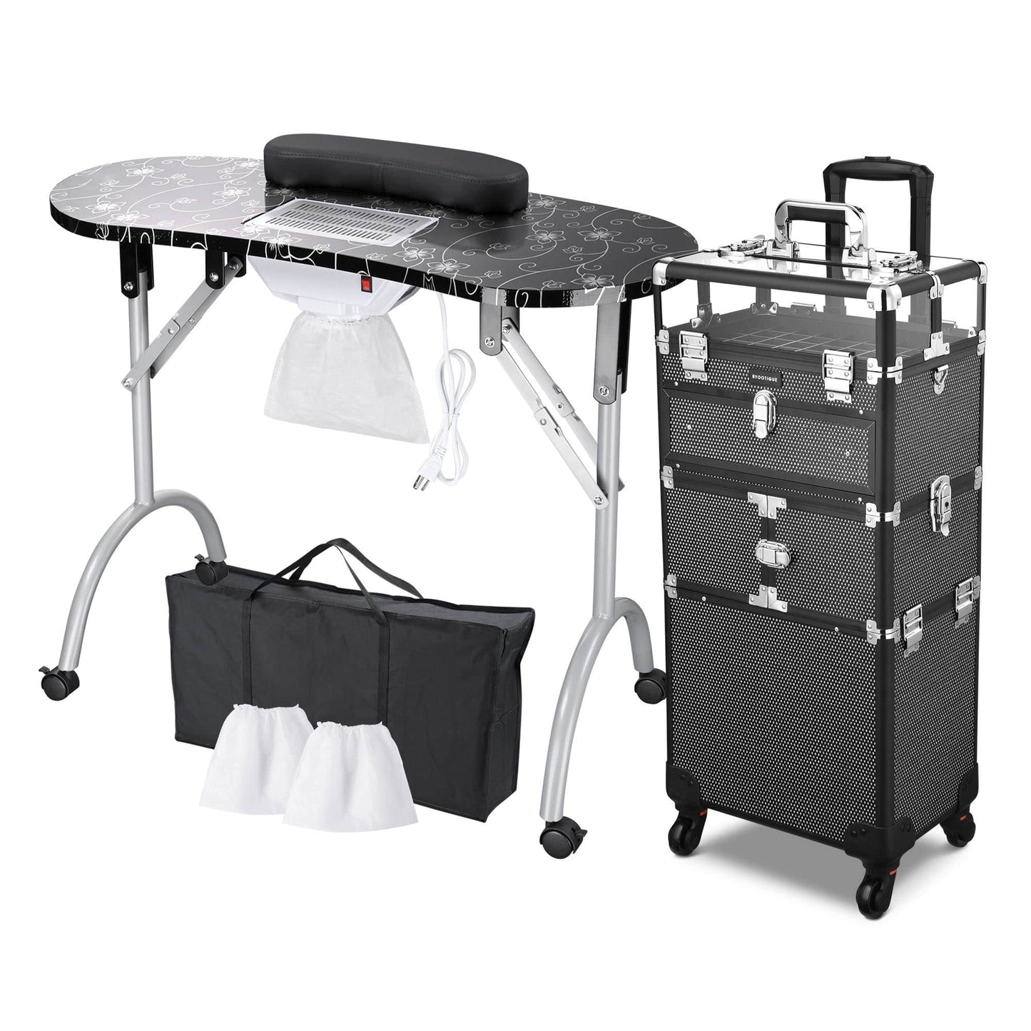 Yescom Byootique Folding Manicure Nail Table 2in1 Rolling Makeup Train Case Kit Manicure Cosmetic Trolley Travel Organizer Nail Case Black