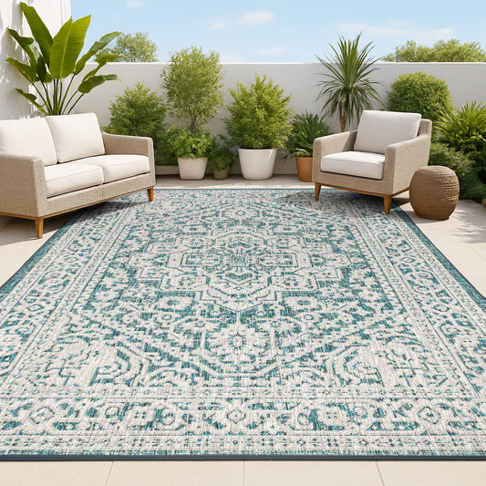 JONATHAN  Y SANTA MONICA Sinjuri Medallion Textured Weave 10 x 14 (ft) Loomed Teal Blue/Gray Rectangular Indoor/Outdoor Medallion Vintage Pet Friendly Area rug