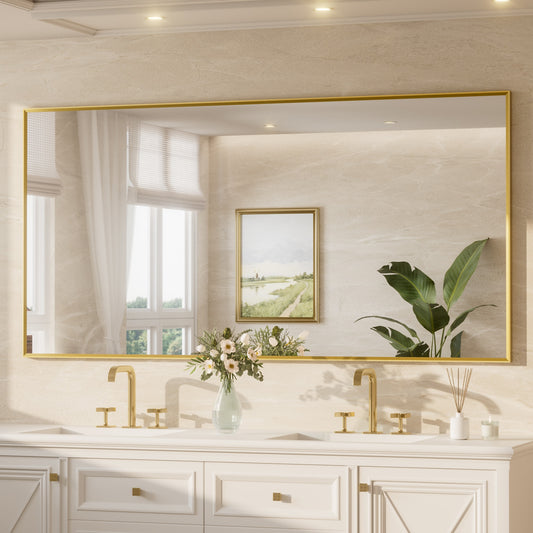 Keonjinn Bathroom Mirrors 72-in W x 36-in H Rectangle Brushed Gold Framed Wall Mirror