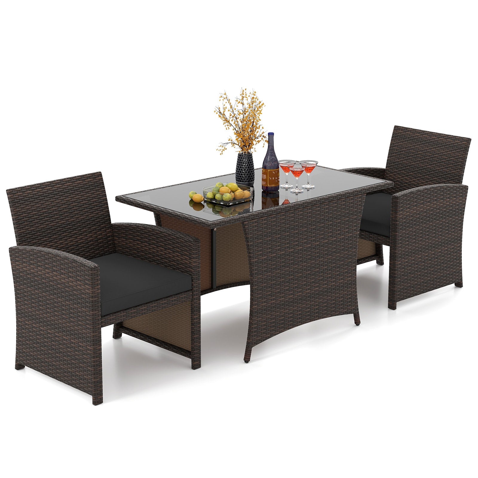 3 -Piece Mix Brown Rattan Patio Dining Set Iron Rectangle Table with 2 Black Cushions Stationary Chairs