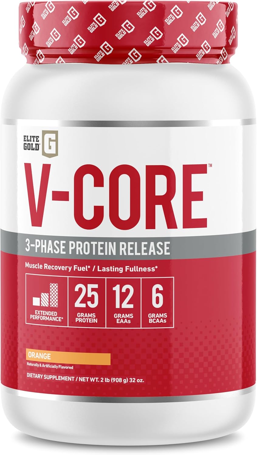 V-Core Orange Cream Protein Powder, Whey Protein, High Protein, Casein Protein, 25g Protein, 12g EAAs, 6g BCAAs, 2 lb Tub (23 Servings)