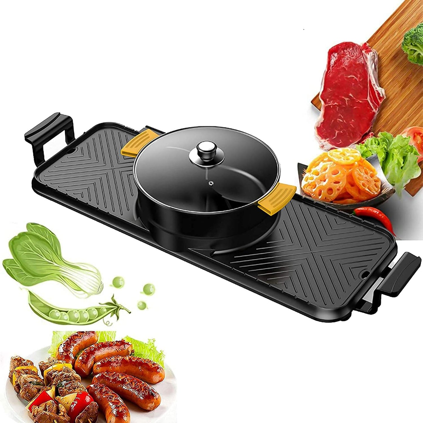 BBQ Smokeless Grill Electric Grill and Hot Pot, Portable Home Electric Grill, Independent temperature control, 2 in 1 Electric Pan Shabu Hot Pot BBQ Frying Cook Grill with 5 Temperature adjustments fo