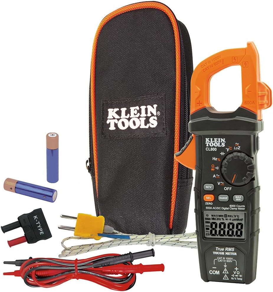 Klein Tools CL800 Digital Clamp Meter, Auto Ranging TRMS, AC/DC Volt/Current, LOZ, Continuity, Frequency, Capacitance, NCVT, Temp, More 1000V