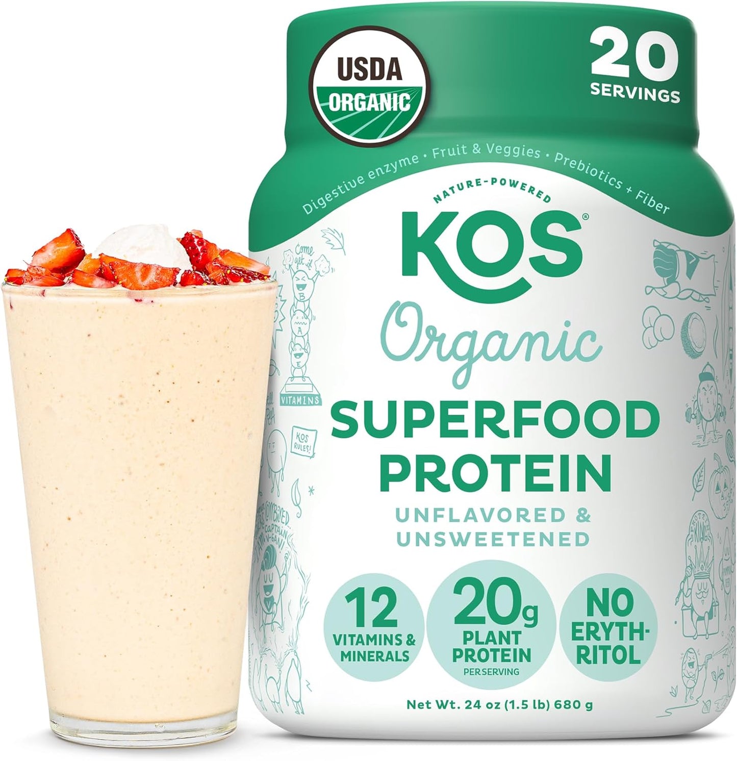 KOS Vegan Protein Powder, Unflavored & Unsweetened - Low Carb Pea Protein Blend, Organic Superfood Rich in Vitamins & Minerals - Keto, Soy, Dairy Free - Meal Replacement for Women & Men - 20 Servings