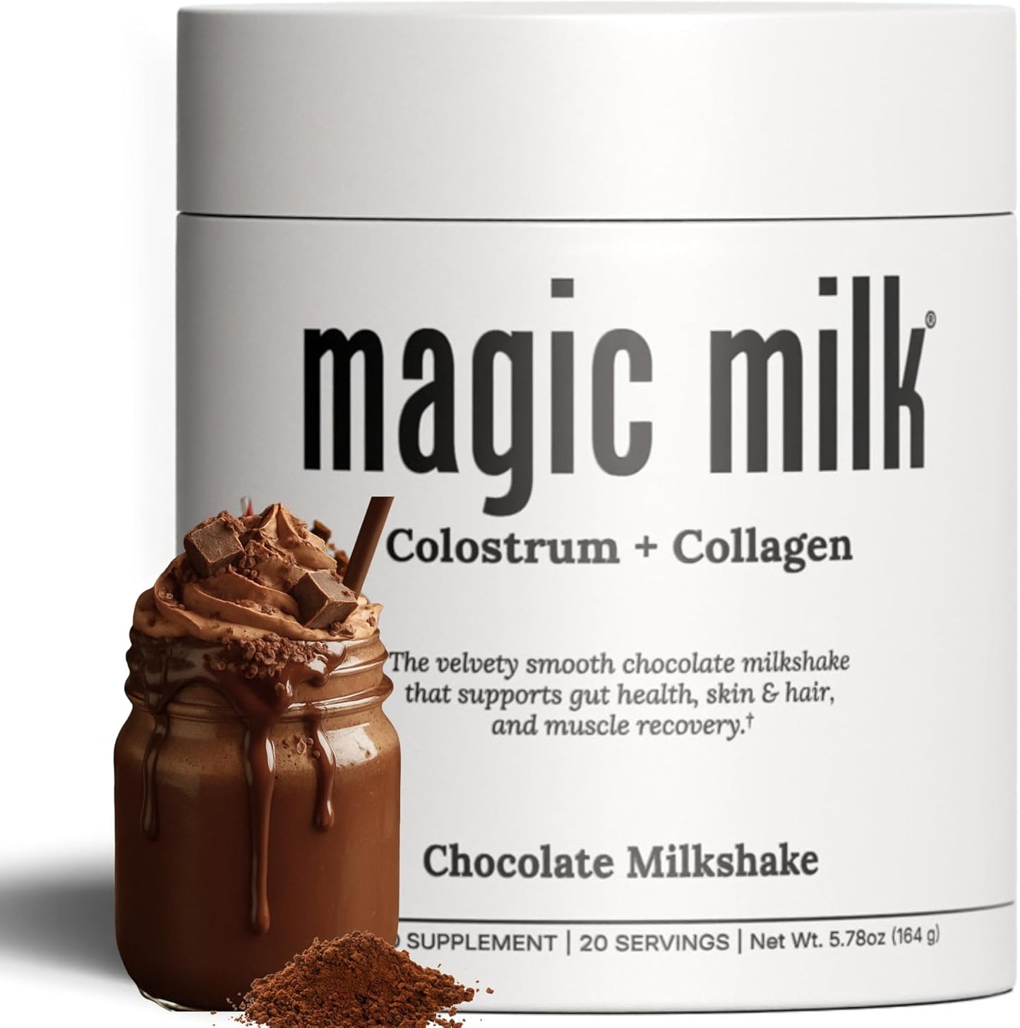 Magic Milk | Colostrum, Plus Collagen Peptides | Chocolate Milk | Supports Gut Health, Bloating, Skin & Hair, Immunity, Muscle Recovery | Grass Fed | 20 Servings