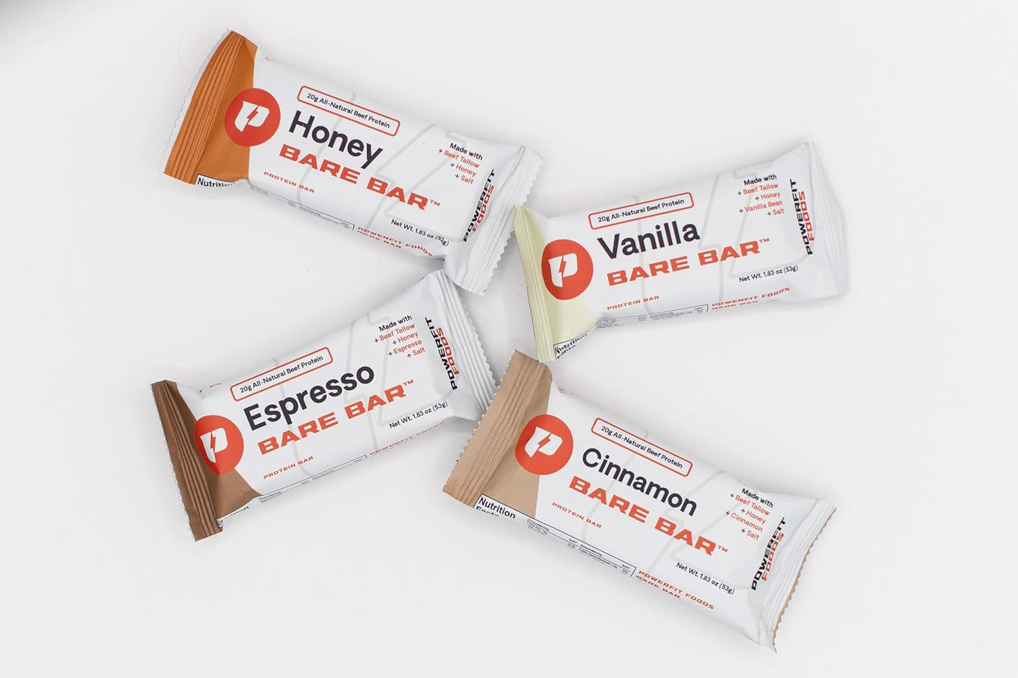 PowerFit Foods Bare Bar 10-Pack, 20g Grass-Fed Beef Protein Bar, Grass-Fed Tallow, Honey, Clean Ingredients, Seed Oil Free (10-Pack, Variety)