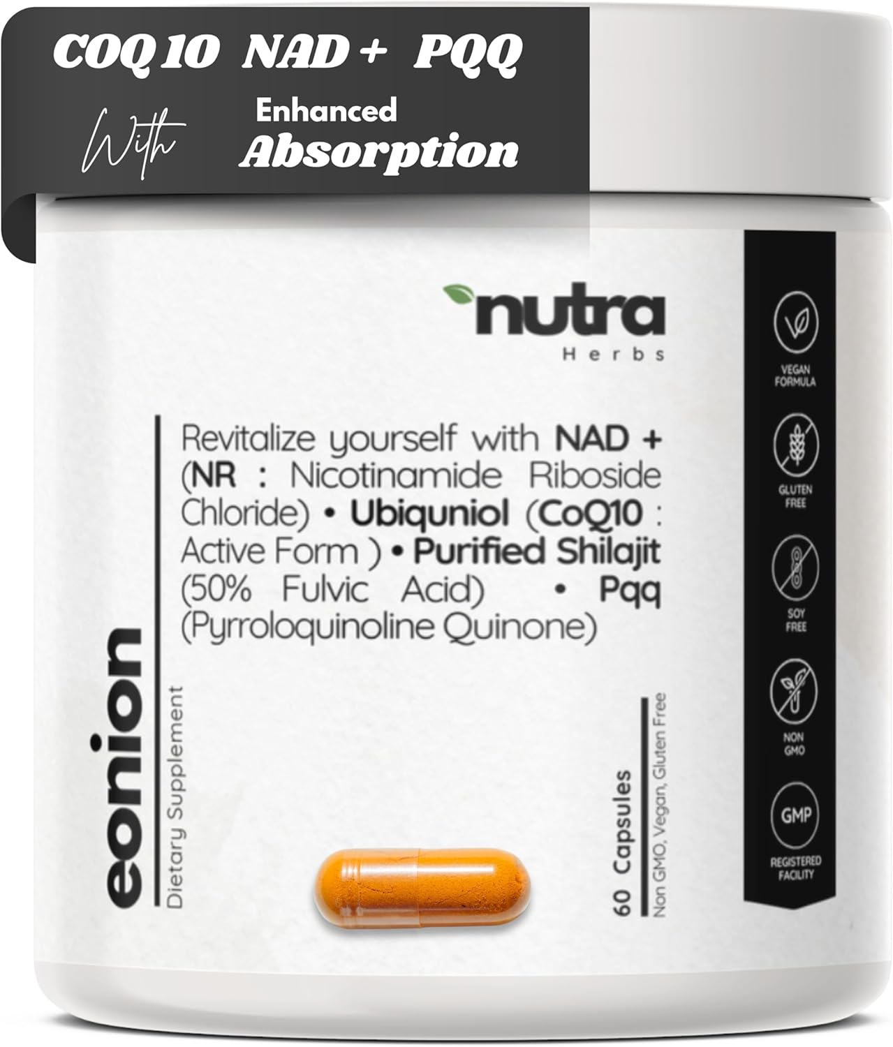 NAD+ CoQ10 PQQ and Shilajit - Longevity, Healthy Aging, Heart & Brain - Superior Bioavailable - Cellular Energy, Mitochondrial,- Nicotinamide Riboside, Ubiquinol - 60 Days Vegan Supply