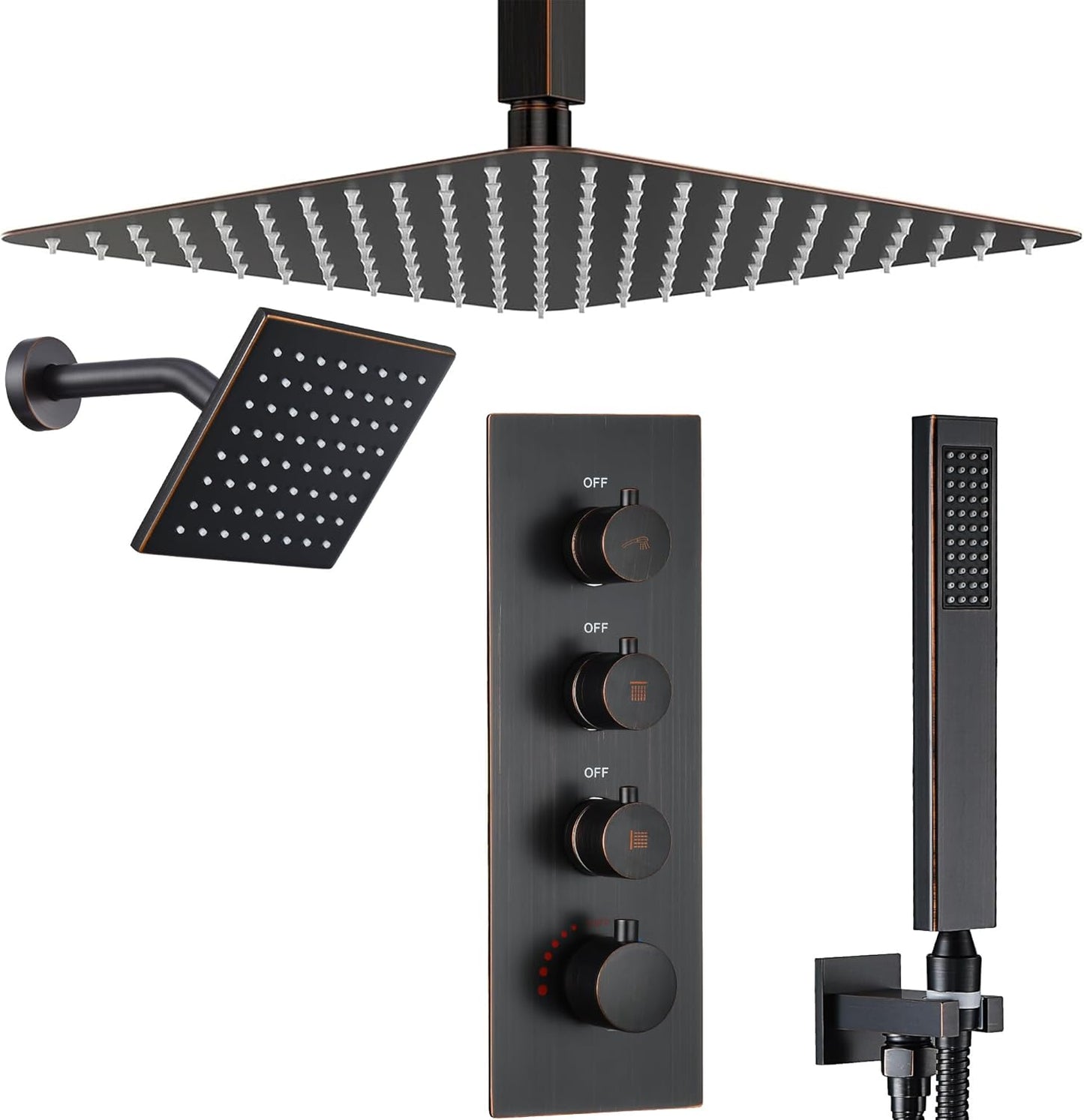 16" Thermostatic Dual Rainfall Head Shower System with Handheld & Valve, 16\u201D Ceiling Shower Faucet Set with 6-Inch Shower Head, JetsBath Oil Rubbed Bronze Full Body Shower System for Couples\/2-Person