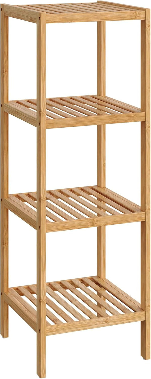 SONGMICS Bamboo Storage Shelf, 4-Tier Shelving Unit, Multifunctional, in the Entryway, Bathroom, Living Room, Balcony, Kitchen, 13 x 13 x 38.6 Inches, Light Bamboo UBCB54Y