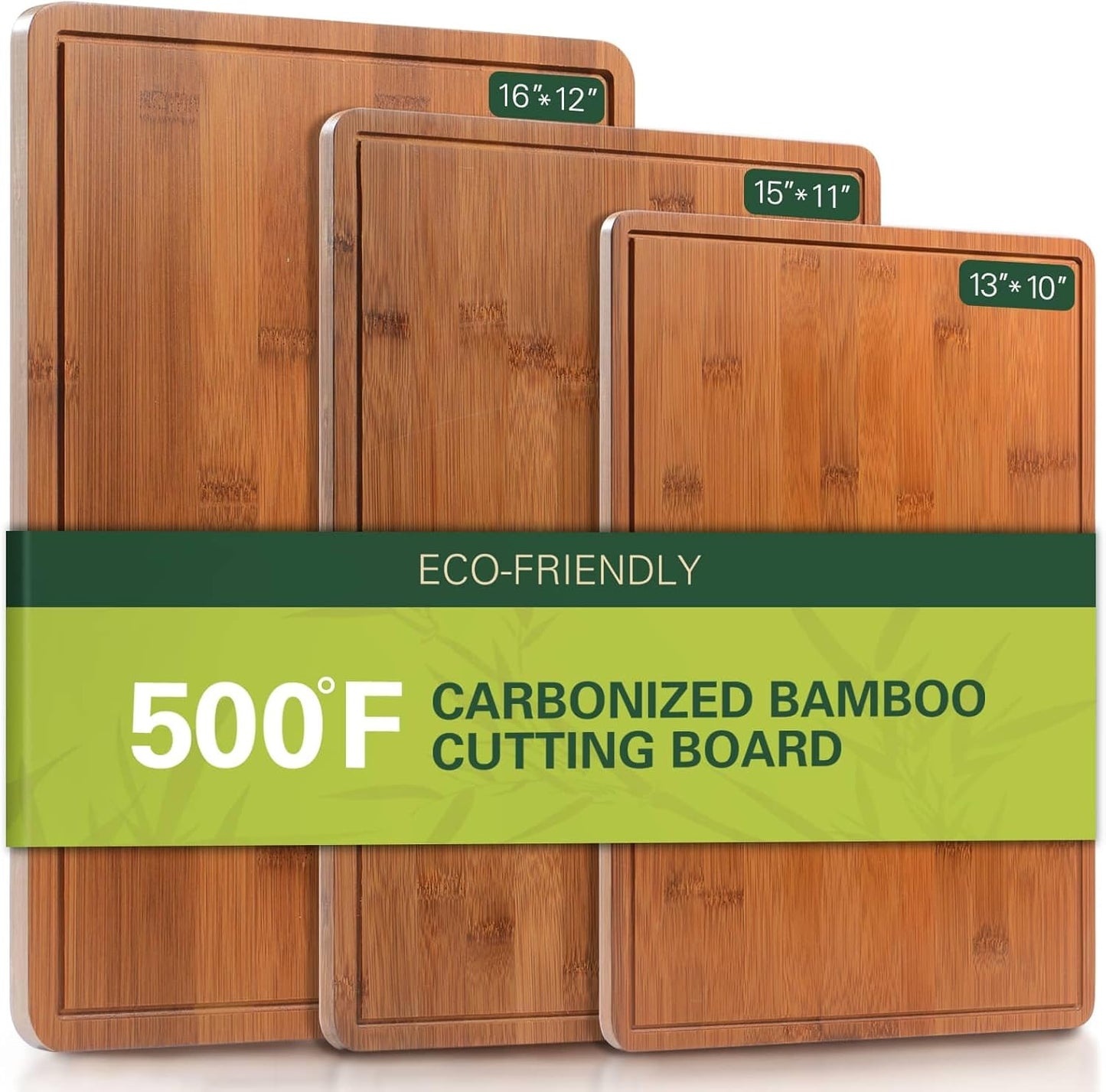 Bamboo Cutting Boards for Kitchen, XL Wood Cutting Board with Juice Grooves and Handles, Set of 3 Charcuterie Boards for Meat Vegetables, Great for Meal Prep & Serving (13x10, 15x11, and 16x12)