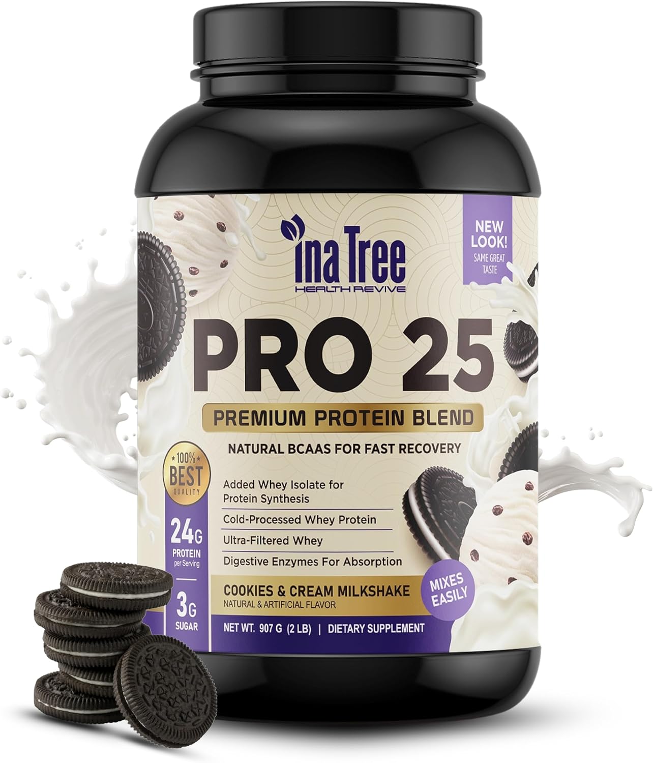 Pro 25 Premium Protein Blend, Ultra-Pure Whey Protein Powder with Natural BCAAS for Fast Recovery, Digestive Enzymes for Absorption, Low Sugar, Cookies and Cream Milkshake (2lb)
