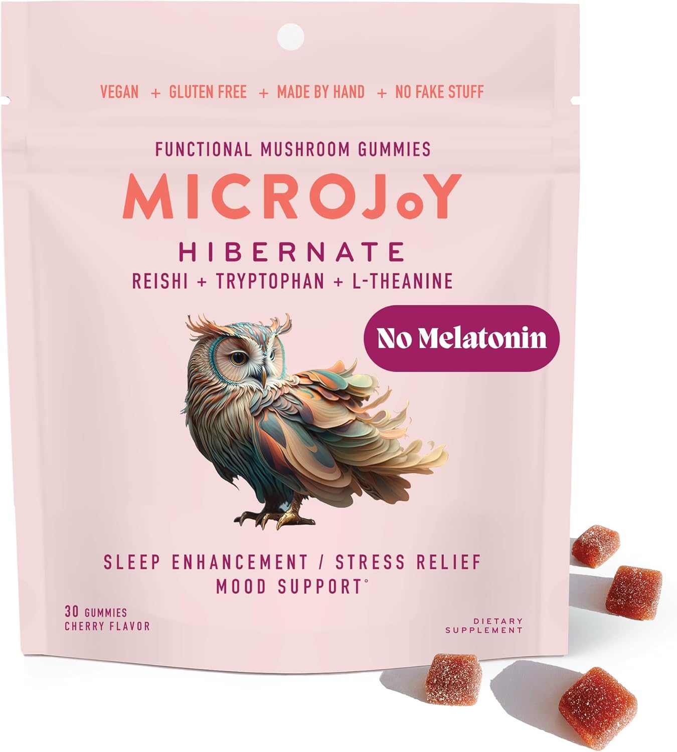 Microjoy Hibernate Gummies \u2013 Natural Sleep Aid with Reishi Mushroom \u2013 Stress Relief and Mood Support \u2013 Vegan, Non-GMO, Cherry Flavor (30 Gummies)