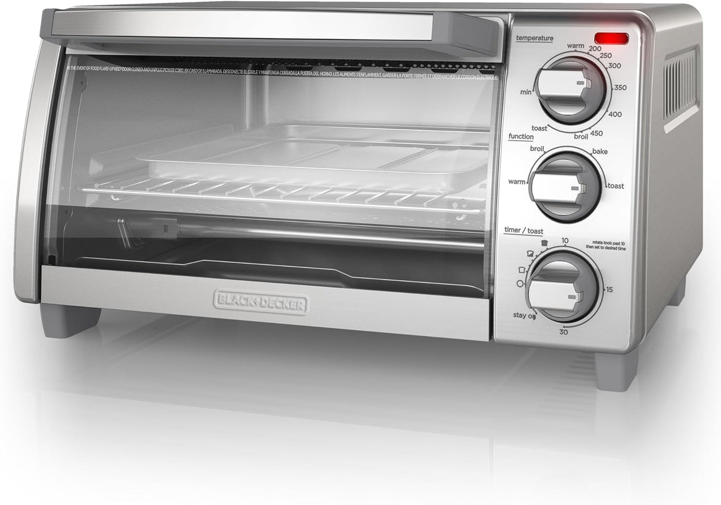 BLACK+DECKER 4-Slice Toaster Oven, TO1745SSG-1A, Even Toast, 4 Cooking Functions Bake, Broil, Toast and Keep Warm, Removable Crumb Tray, Timer