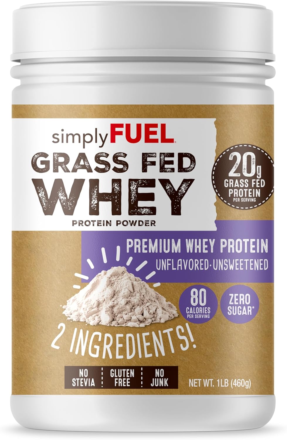 100% Grass Fed Whey Protein Powder - Only 2 Ingredients, Unflavored, Unsweetened, Gluten Free, No Soy, 20g Protein - Zero Sugar, No Carb Clean Protein - Muscle Growth and Recovery 1LBS