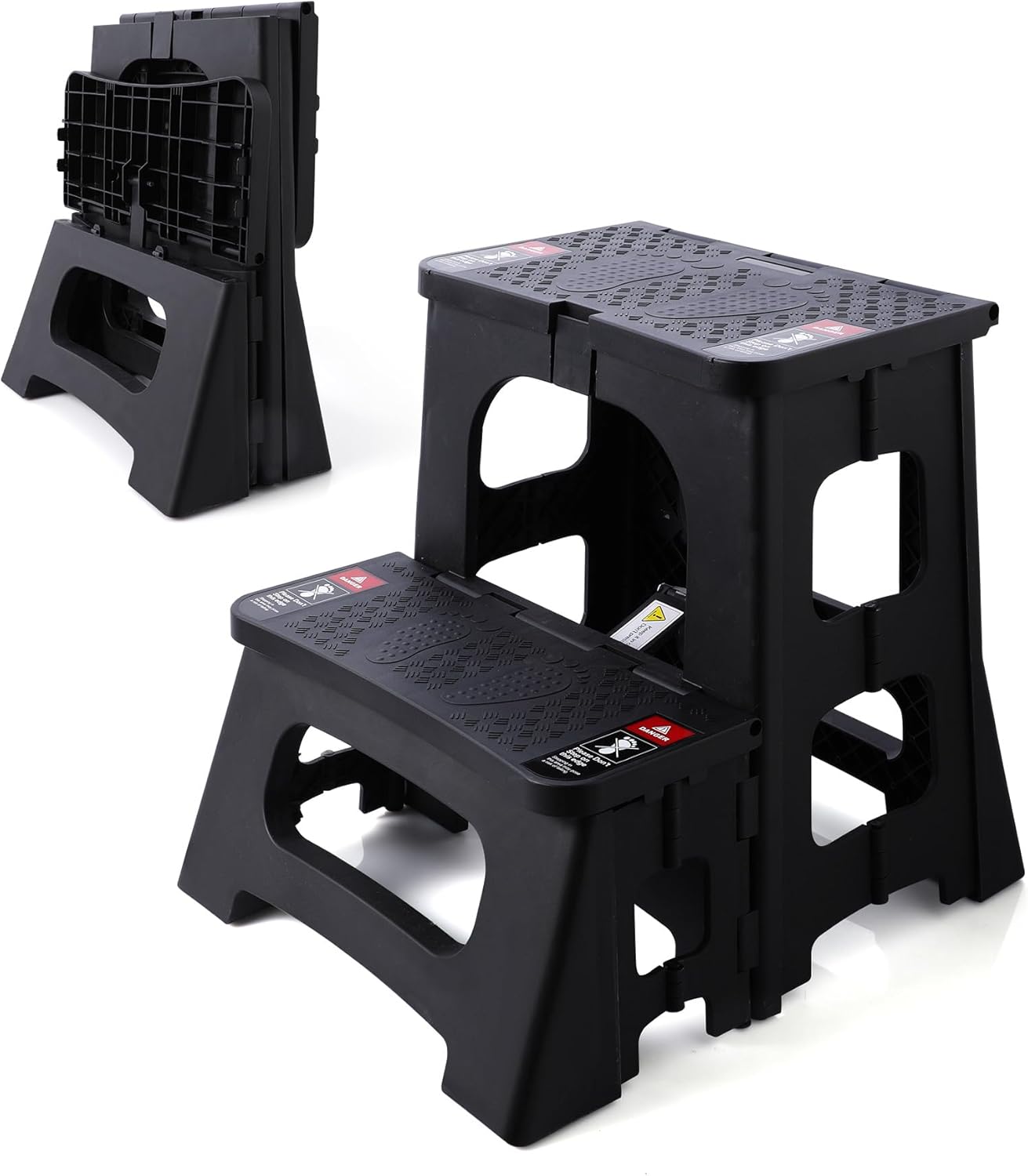 STOODER Folding 2-Step Stool - Upgraded Stable A-Frame, Safety Lock, Anti-Slip Rubber Feet, 300lb Capacity, No Assembly - 8" 17" Step Stools for Kitchen, Bathroom, Bed, RV, Home, Office (Black)