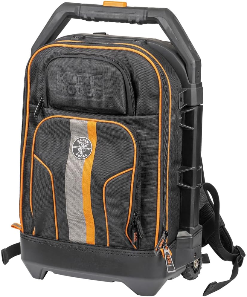 Klein Tools 55604 Rolling Tool Backpack, Tool Bag with 28 Pockets, Heavy Duty Retractable Handle, Large Storage Interior, 3-Inch Wheels